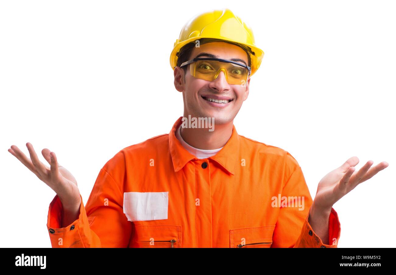 The construction worker wearing hard hat isolated on white Stock Photo