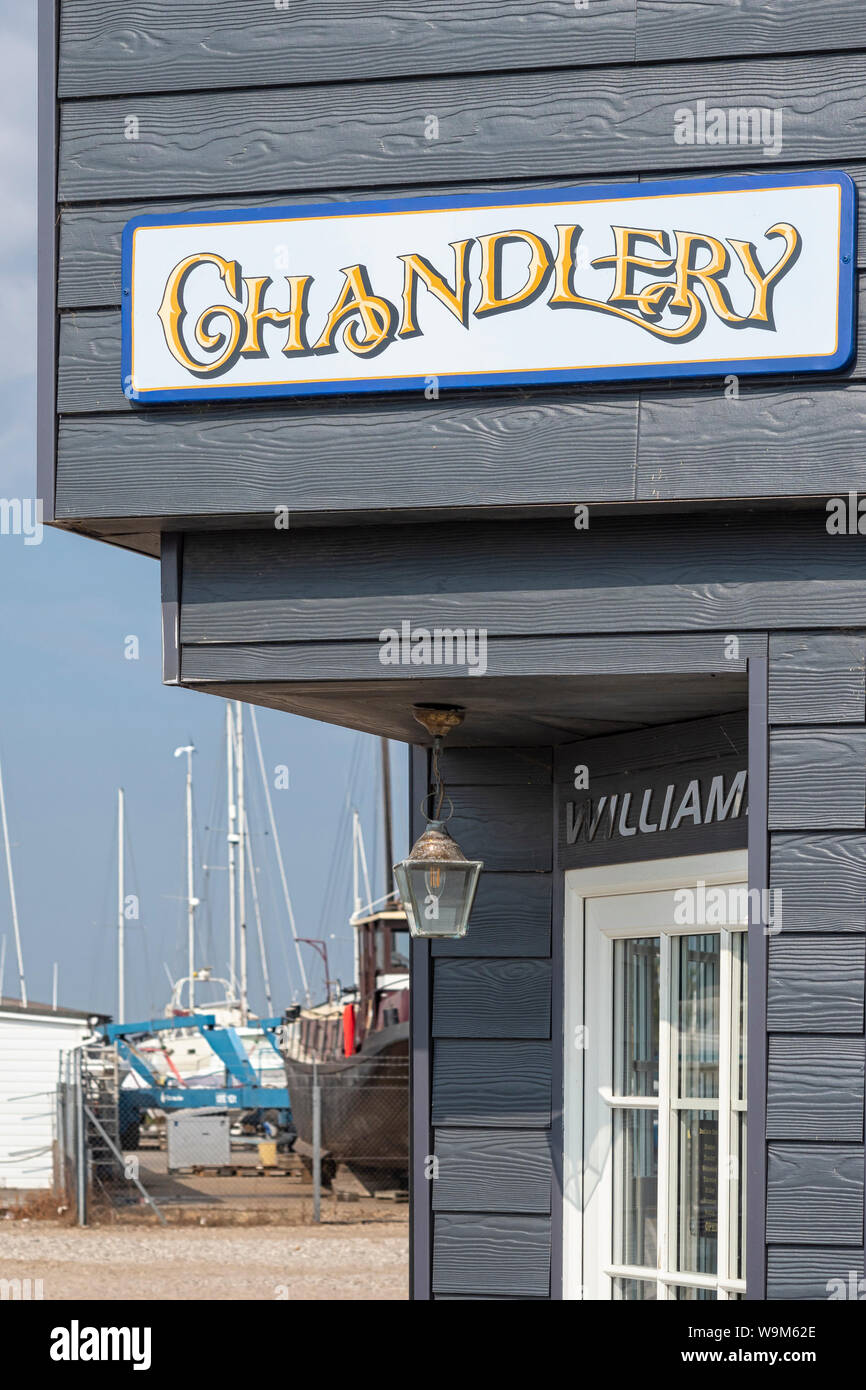 ROCHFORD, ESSEX, UK - JULY 25, 2018:   Chandlery Shop Sign at Essex Marina Yacht Club Stock Photo
