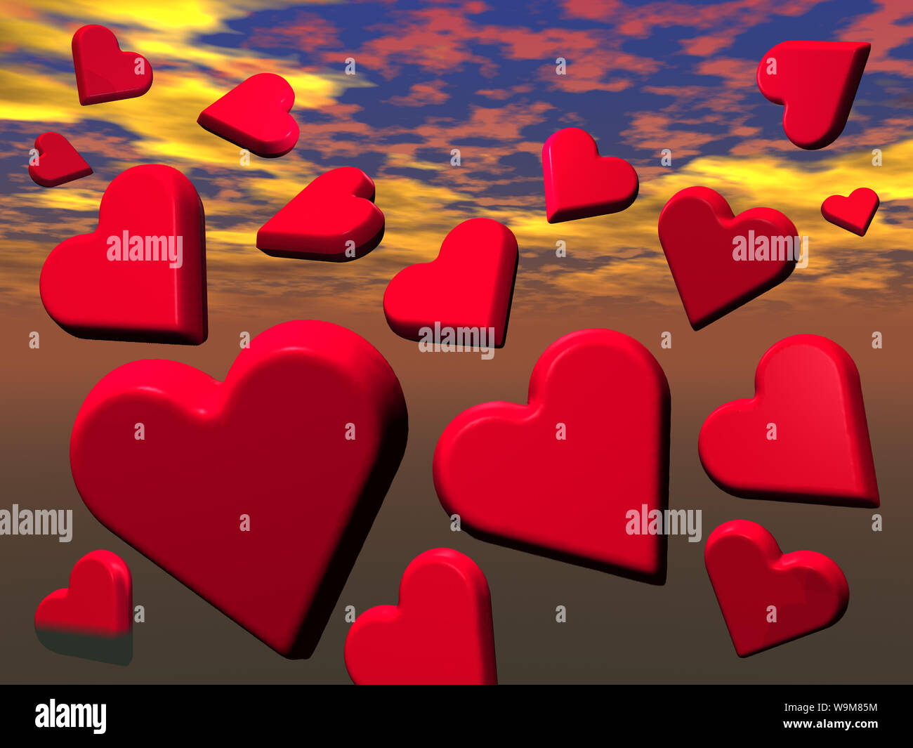Three-D rendering of hearts floating in a sunset sky Stock Photo - Alamy