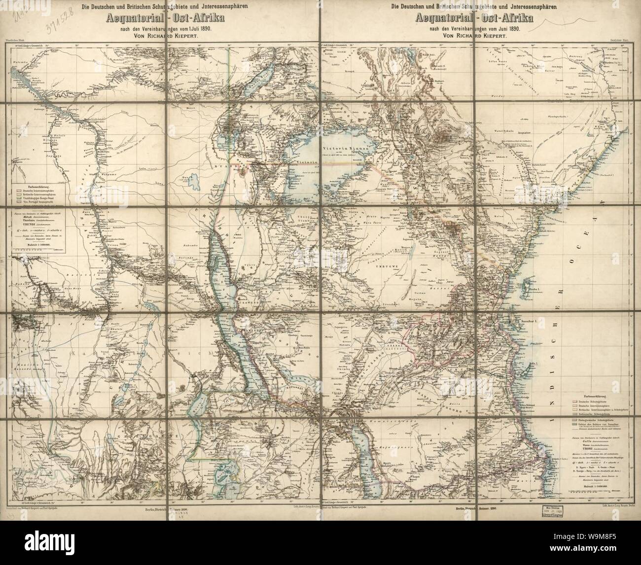 Die Deutschen und Britischen Schutzgebiete und Interessenspharen in Aequatorial-Ost-Afrika - nach den Vereinbarungen vom Juni 1890 Stock Photo