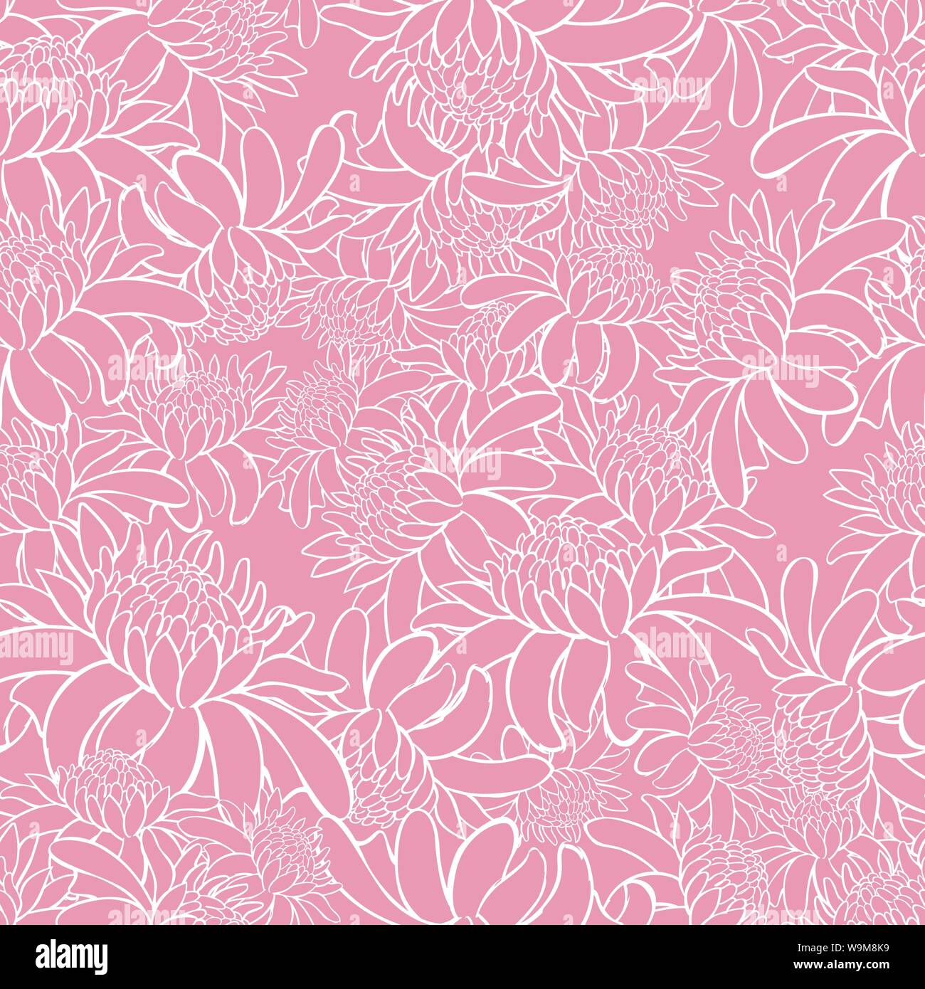 Vector pink seamless pattern with tropical torch ginger flowers outlines. Suitable for textile, gift wrap and wallpaper. Stock Vector