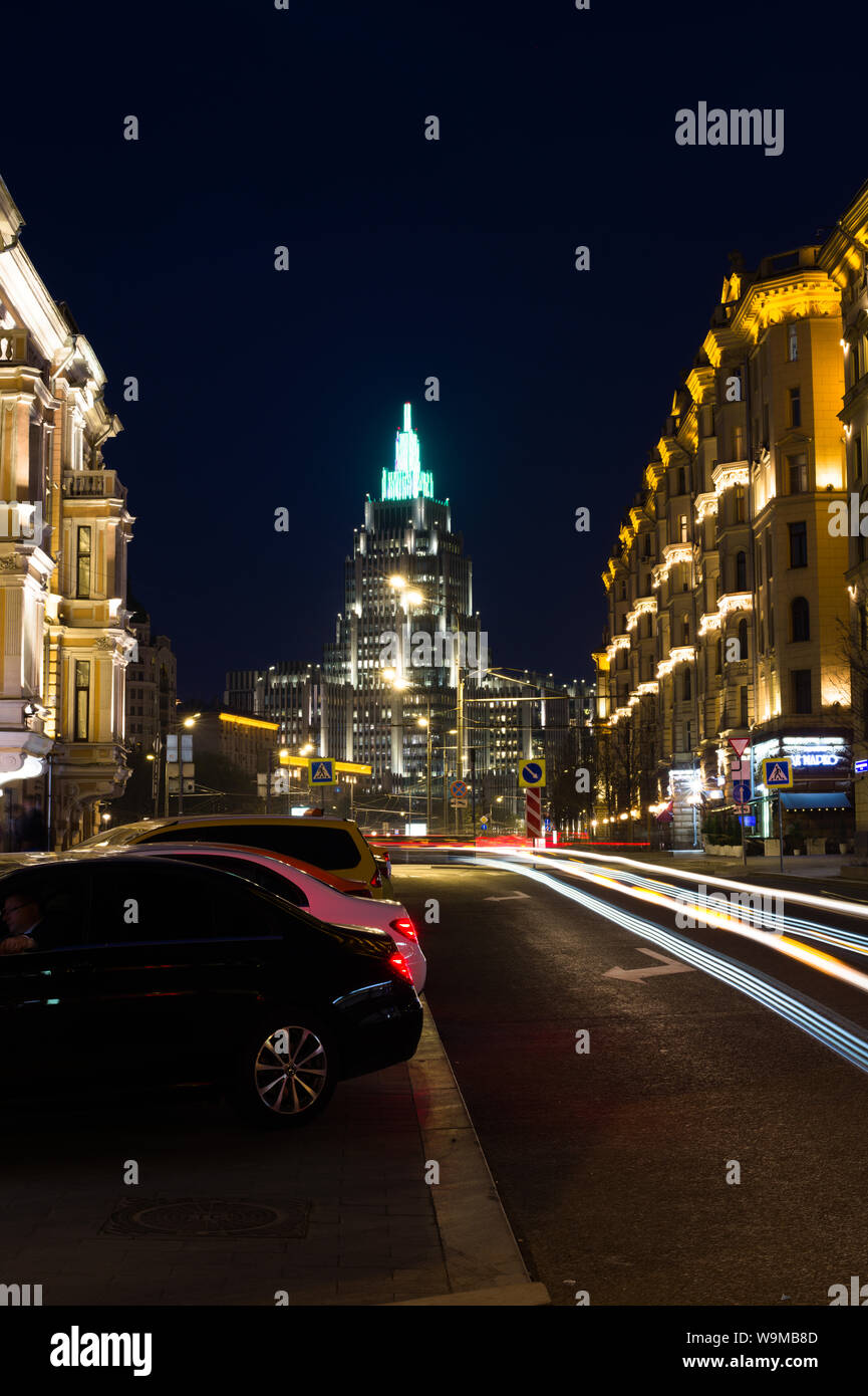 Sadovaya-Triumfalnaya Street after dark in Moscow, Russia Stock Photo