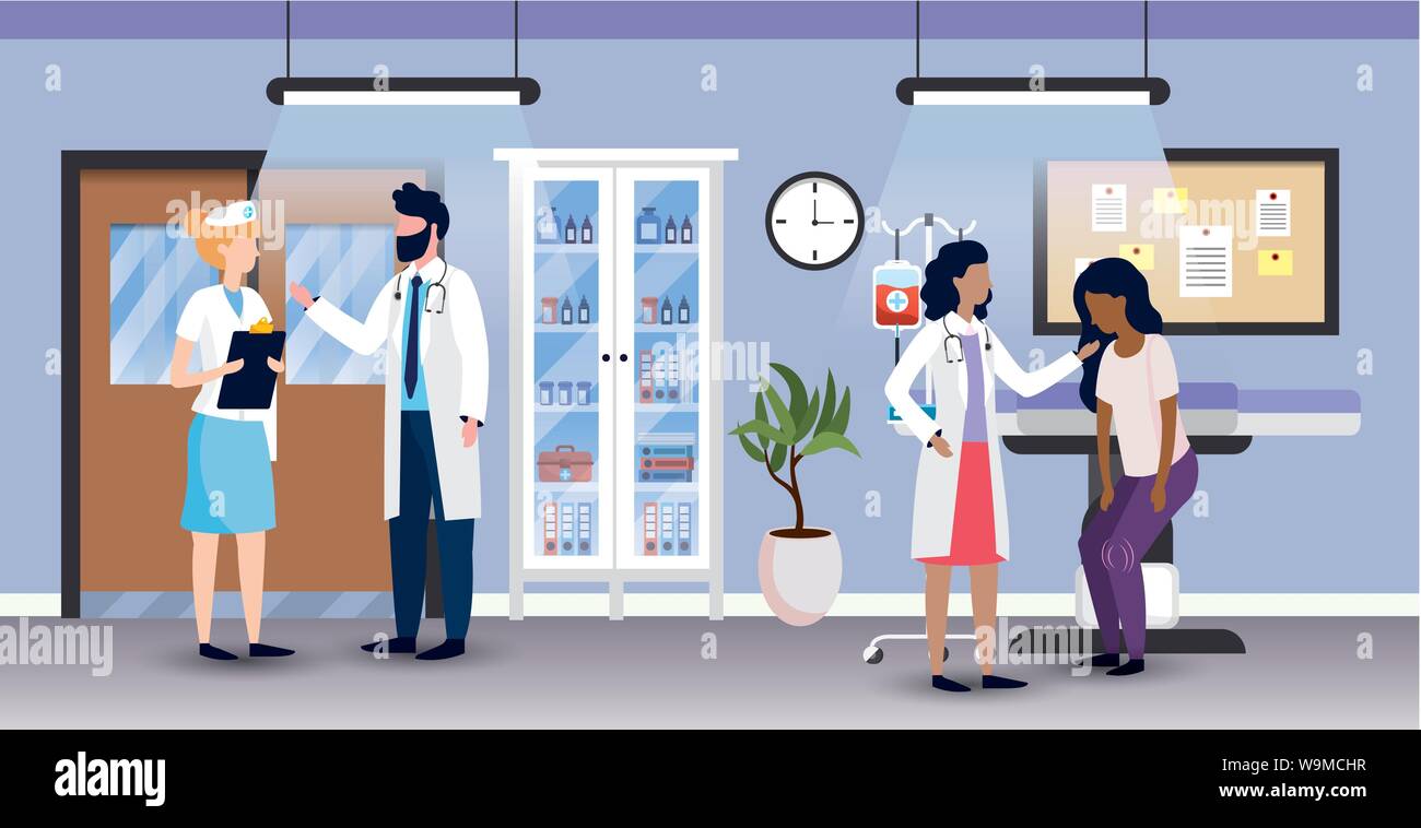 professional woman and man doctors with nurse and patient vector ...