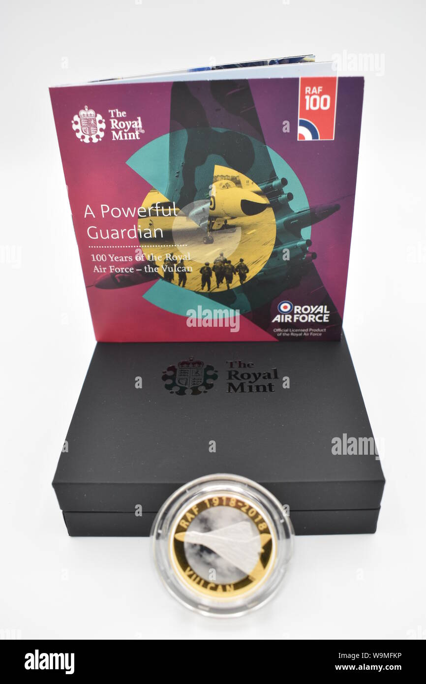 Royal Mint RAF Centenary Vulcan 2018 UK £2 Silver Proof Coin in a presentation box.  The first time the Vulcan has appeared on an official UK coin. Stock Photo