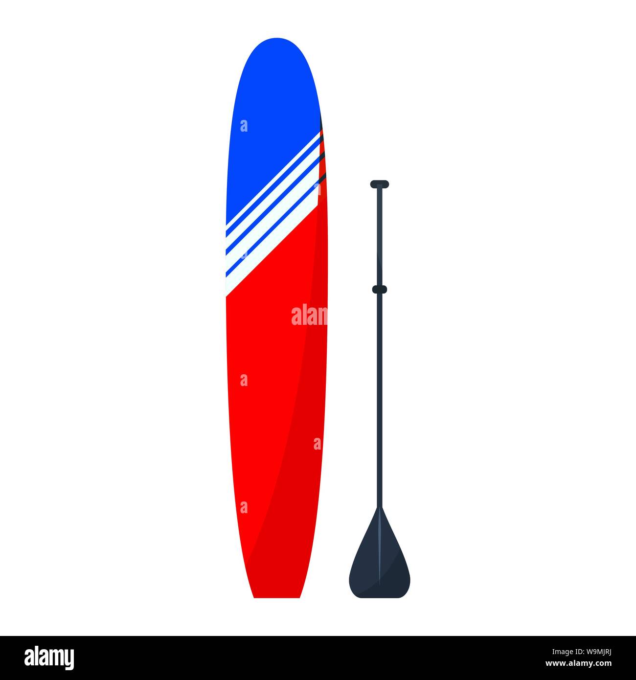Isolated on white background flat style red and blue standup surfboard for paddleboarding -longboard with black paddle. Stock Vector