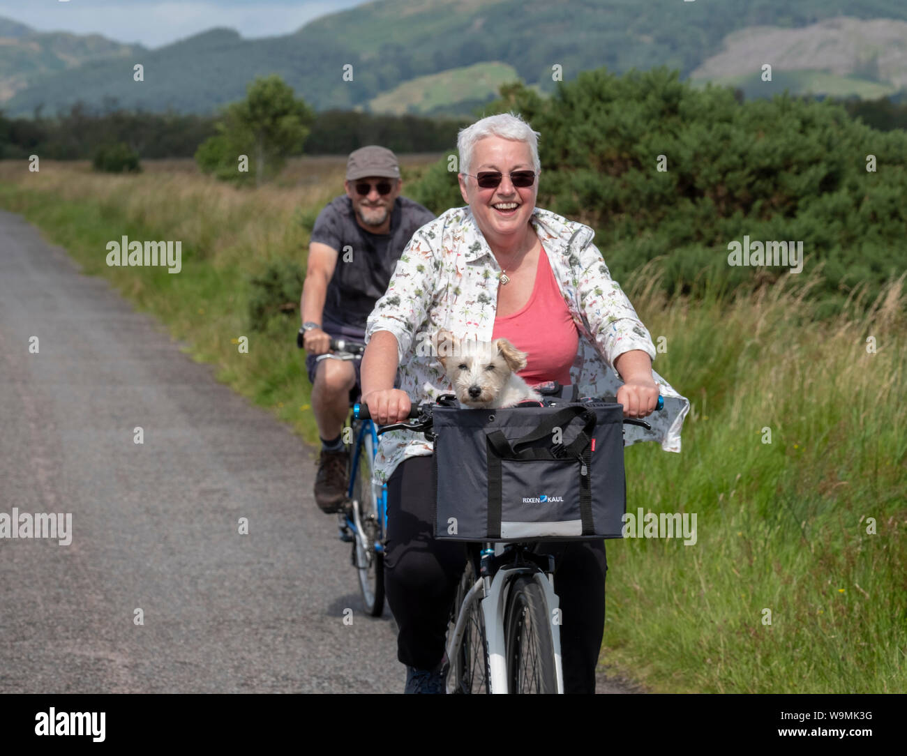 Portrait of a happy cyclist carrying a small dog in her Bicycle basket near Crinan, Argyll. Stock Photo