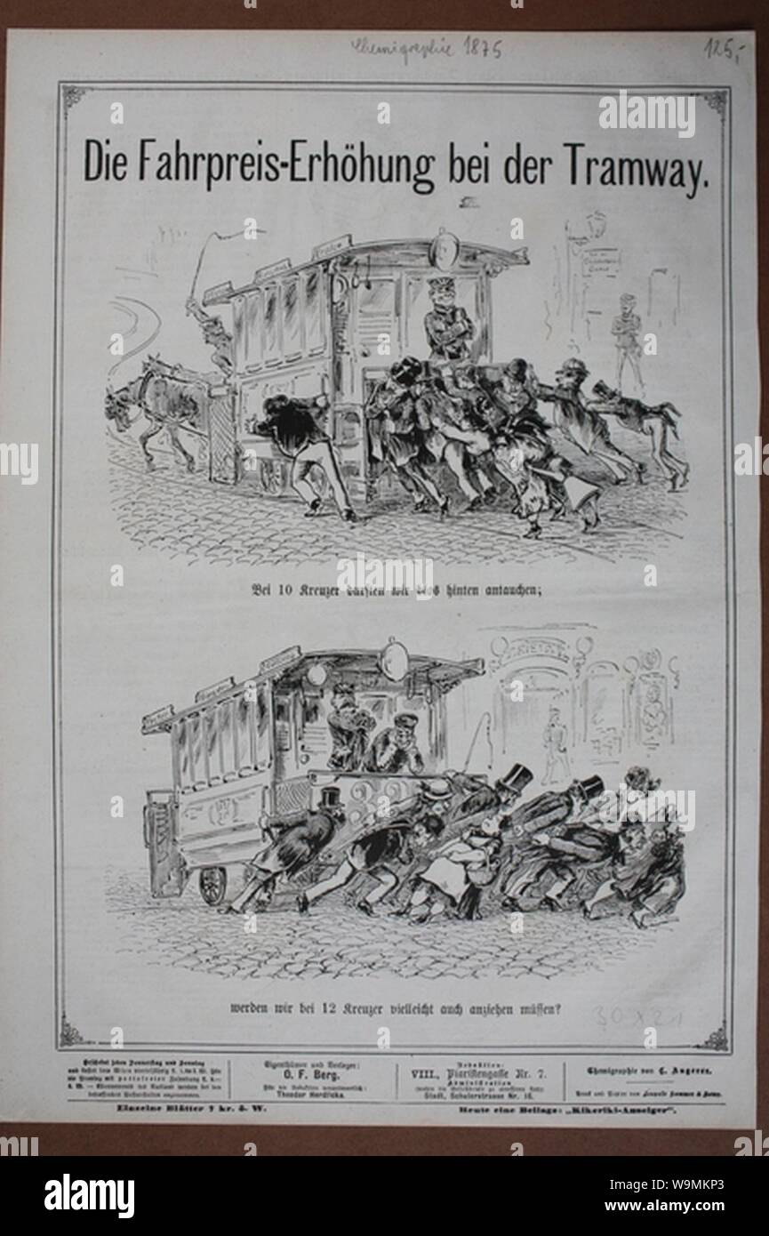 Die Fahrpreis-Erhöhung bei der Tramway. Chemigraphie von 1875. Stock Photo