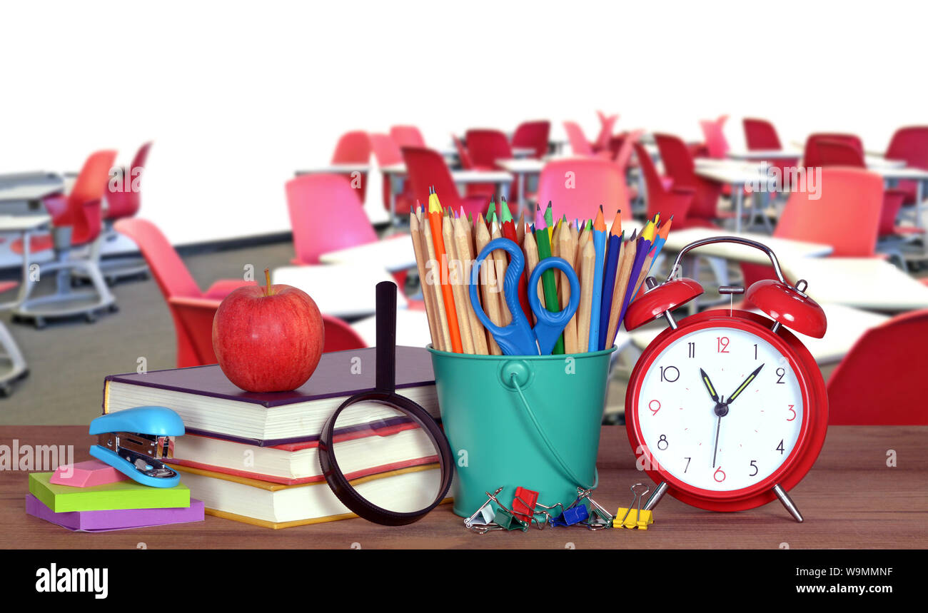 Decoration Of Book With Accessory And An Empty Classroom For