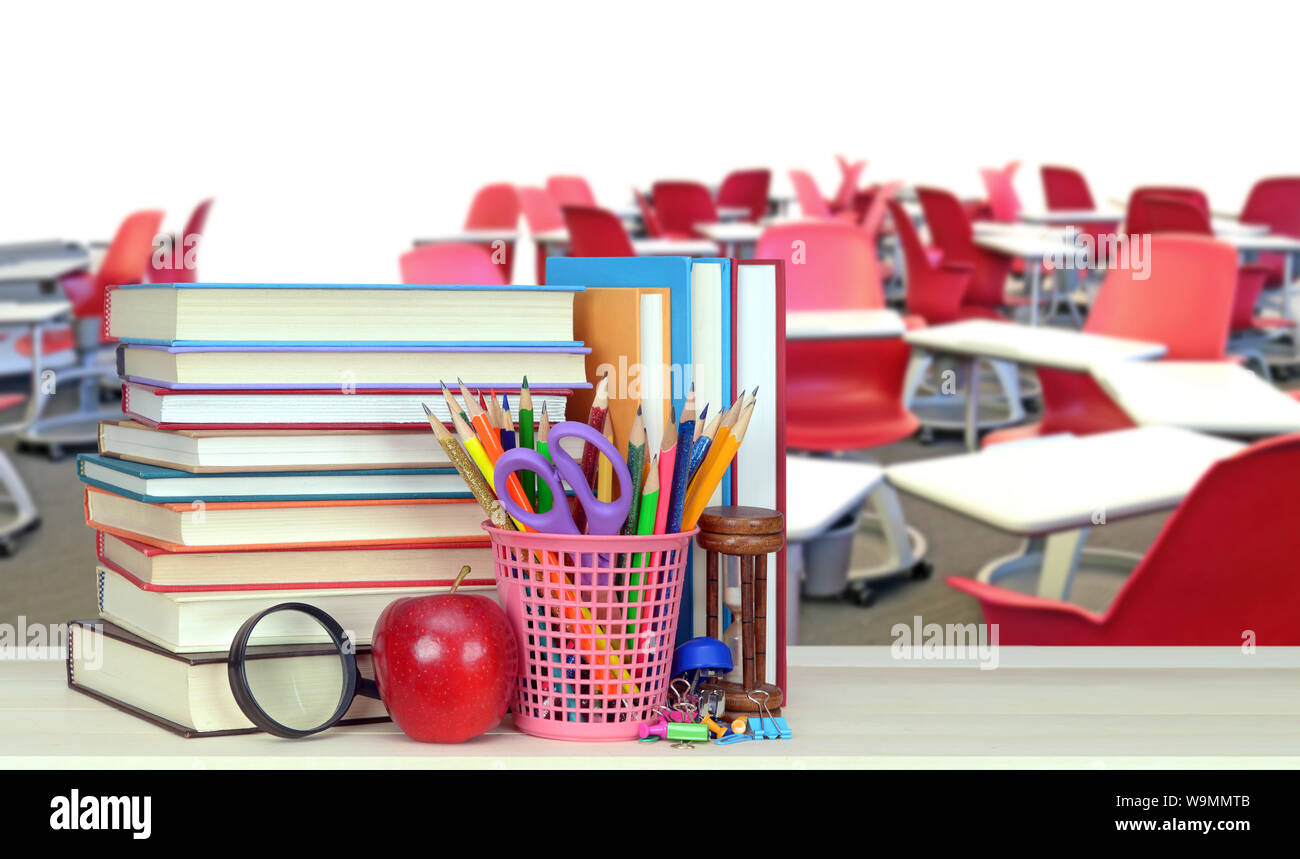 Decoration Of Book With Accessory And An Empty Classroom For