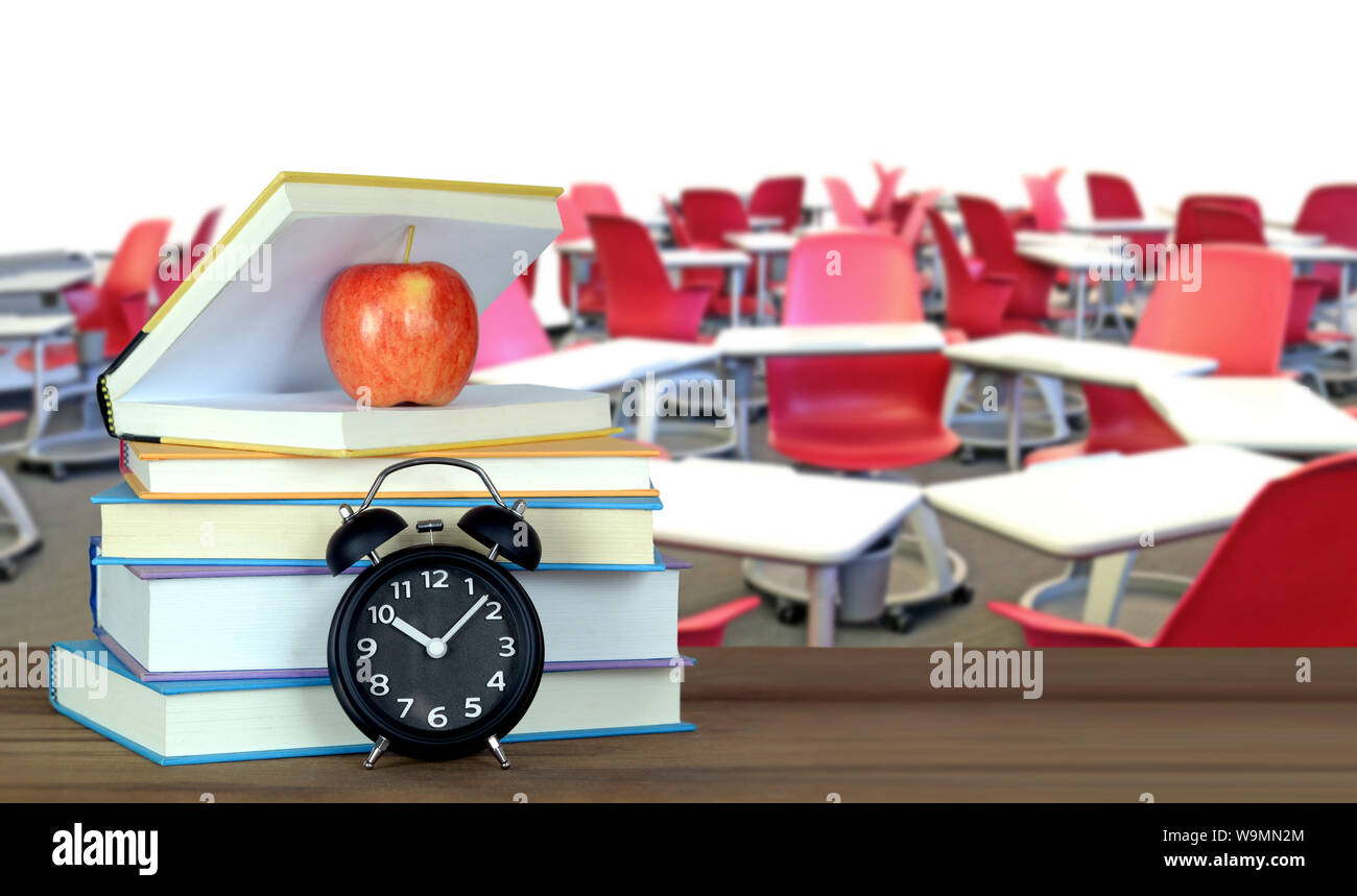 decoration of book with accessory and an empty classroom for education