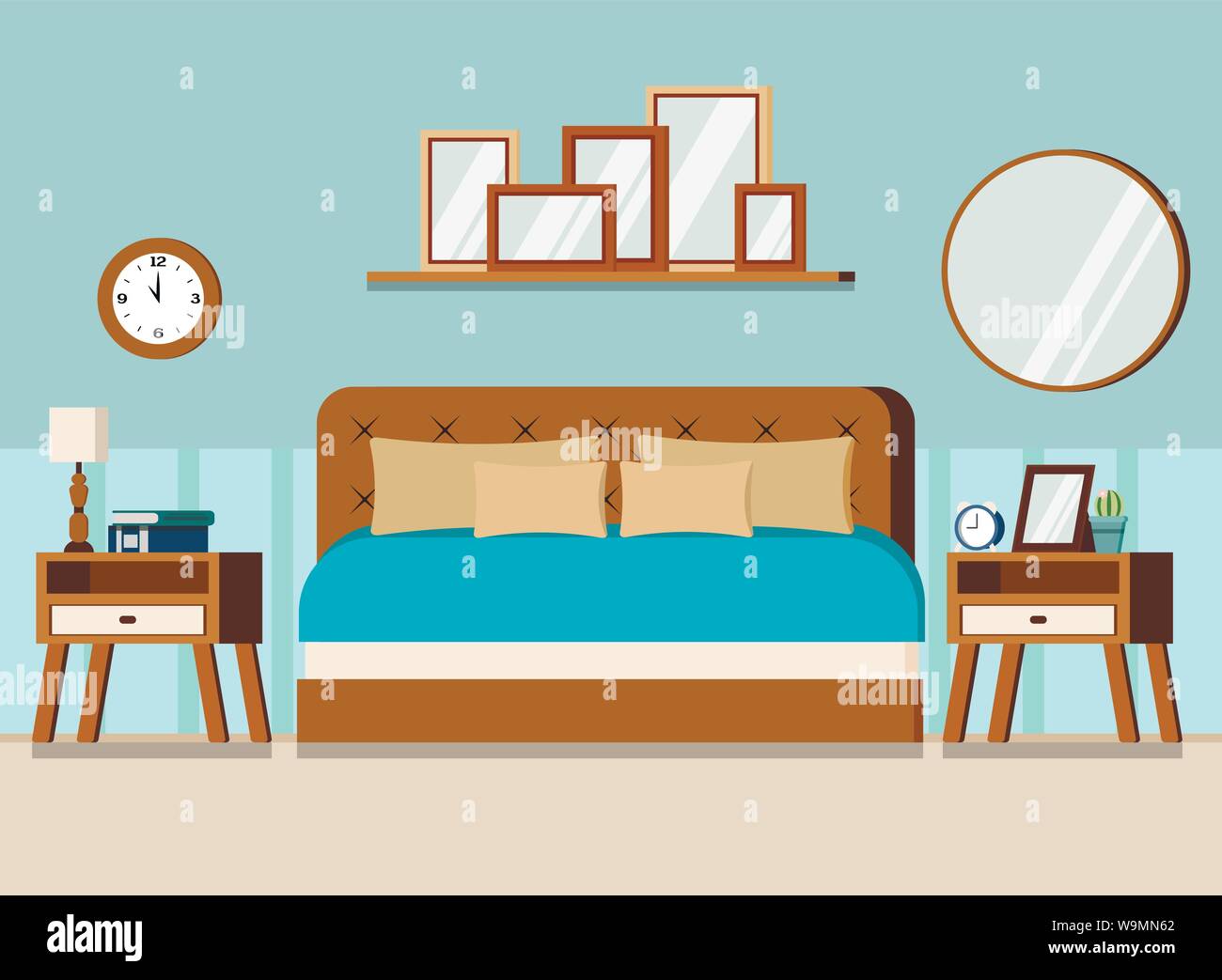 Cozy bedroom interior scene with furniture bed, nightstands, wall watch, mirror, books, lamp, alarm clock, shelf with pictures Stock Vector