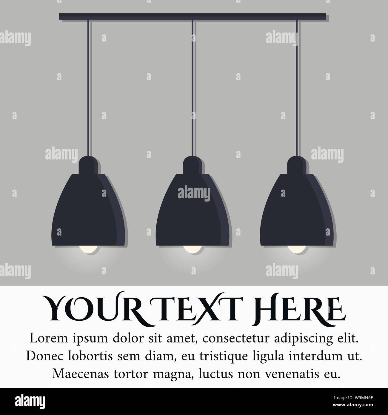 Isolated on grey wall background black modern scandinavian style lamp with three glowing light bulbs Stock Vector