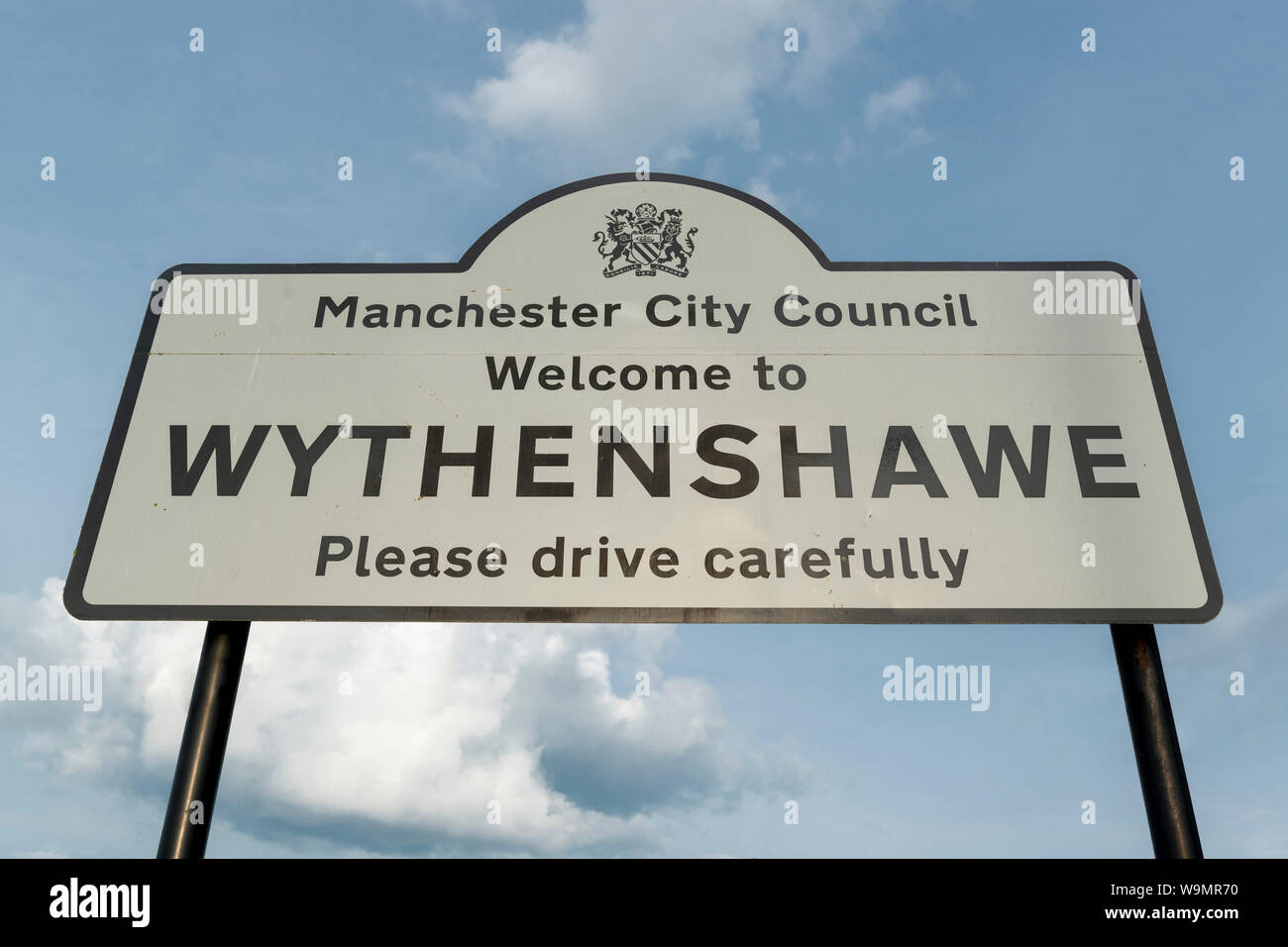 Signage welcoming people to Wythenshawe, Manchester, UK. Stock Photo