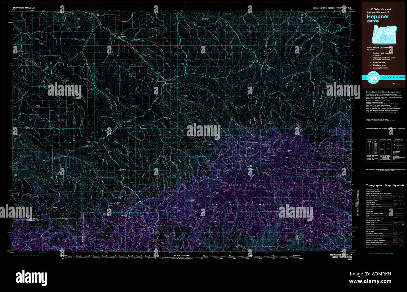 USGS Topo Map Oregon Heppner 283080 1981 100000 Inverted Restoration Stock Photo Alamy