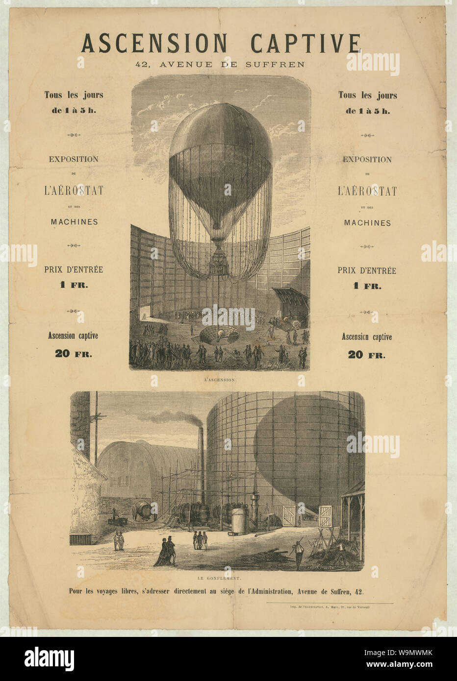 Ascension captive. 42, avenue de Suffren; Broadside announcing a captive balloon ascension during the Paris Exposition of 1867. Includes pictures of the balloon being inflated (Le Gonflement) and spectators watching the captive balloon ascend in the air (L'Ascension). Stock Photo