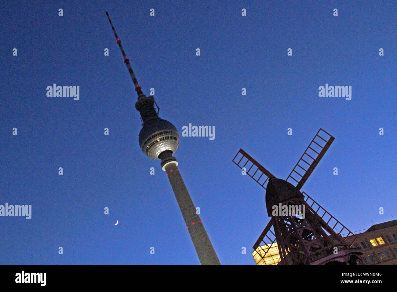 The Berlin Television Tower is a broadcasting tower located in the center of Berlin, capital of Germany. It is a well-known landmark. Stock Photo
