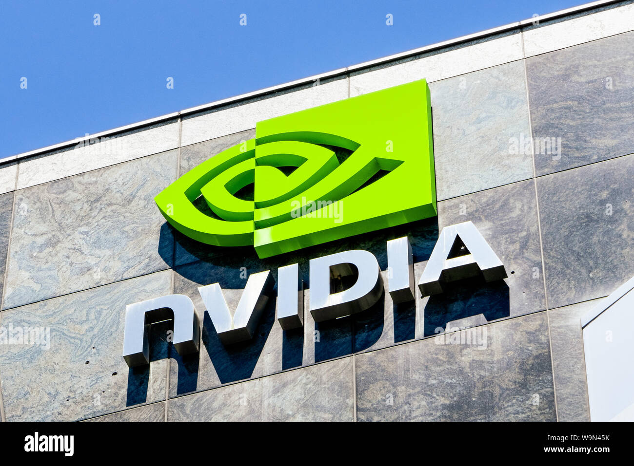 August 9, 2019 Santa Clara / CA / USA - The NVIDIA logo and symbol  displayed on the facade of one of their office buildings located in the  Company's c Stock Photo - Alamy