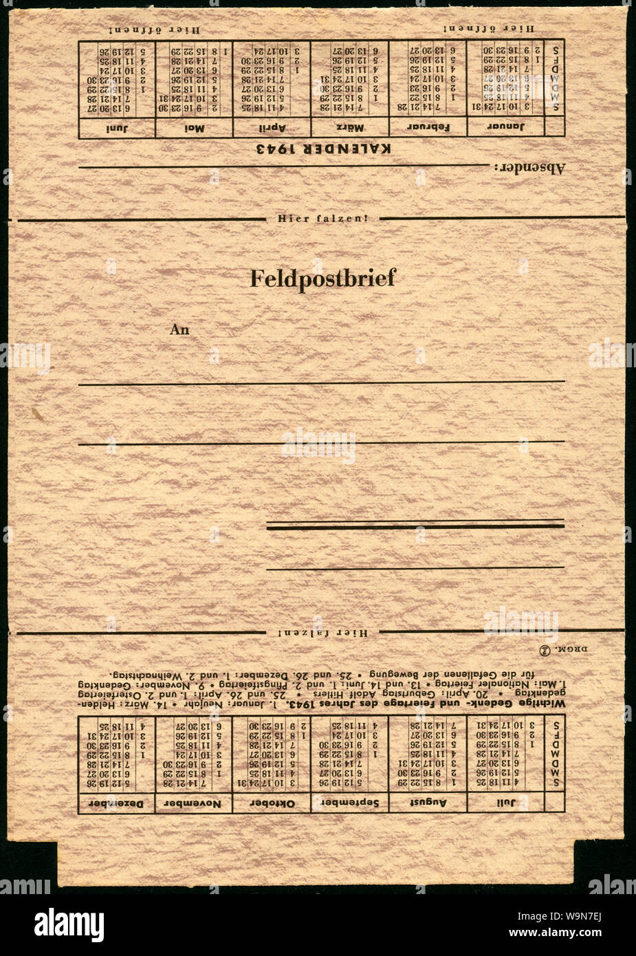 Europa, Deutschland, 2. Weltkrieg, Blankovordruck für einen Feldpostbrief, 1943 / Europe, Germany, WW II, blank form for letters of the forces´postal service, 1943 . Stock Photo