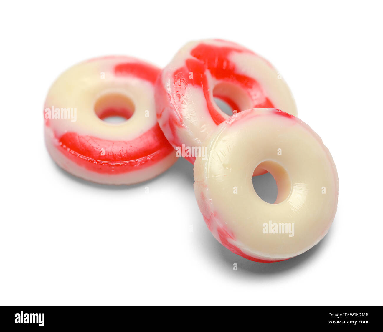 Red and White Peppermint Rings Isolated on White. Stock Photo