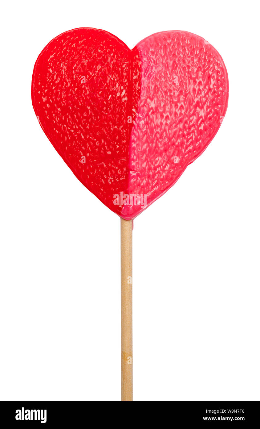 Red Pink Valentines Heart Lollipop Isolated on White. Stock Photo