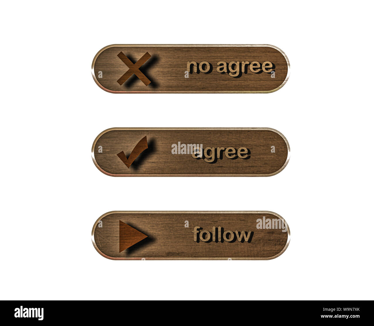 Illustration. Set wooden web buttons with icons and inscriptions isolated on white background. Stock Photo