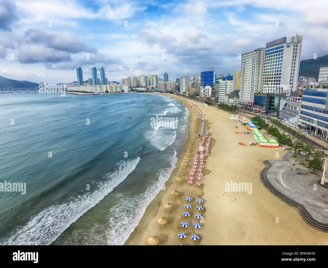 Aerial View of Cloudy Summer Morning of Gwangalli Beach, Busan, South Korea, Asia Stock Photo