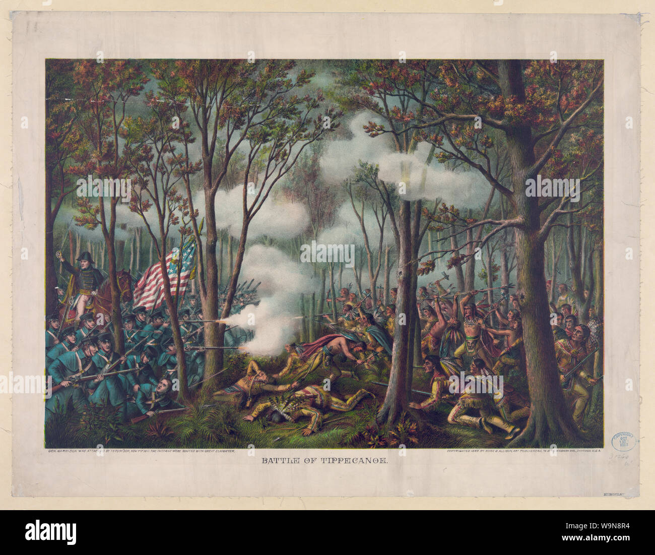 Battle of Tippecanoe Abstract: Print shows American troops under the leadership of General William Henry Harrison fighting the Indian forces of The Prophet, Tenskwatawa (the brother of Tecumseh) in a forest. Tenskwatawa was part of Tecumseh's Indian confederation. Stock Photo
