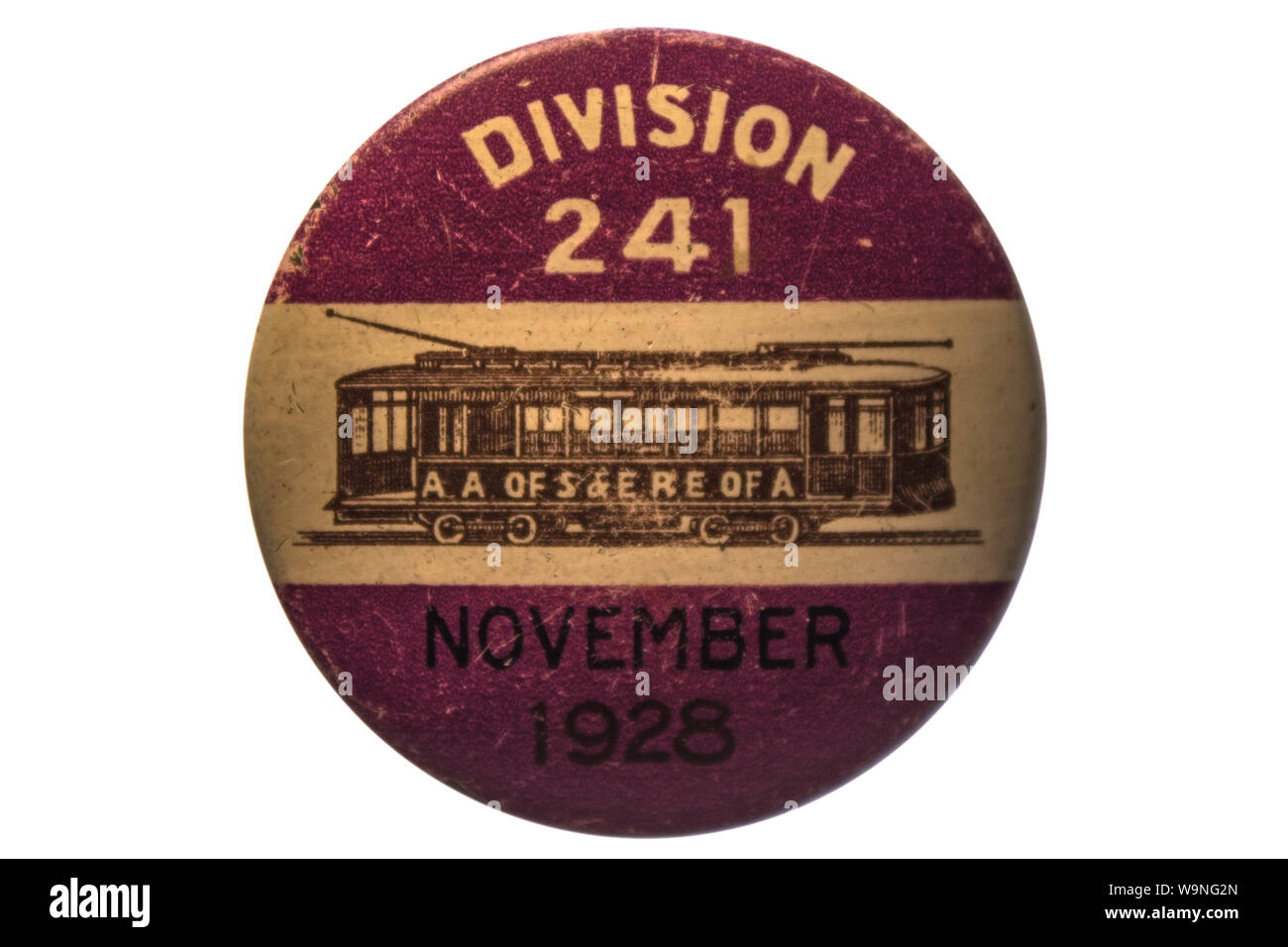 Antique Pinback Button Chicago Trolley Union Member Division 241 , November 1928 closeup on a white background Stock Photo