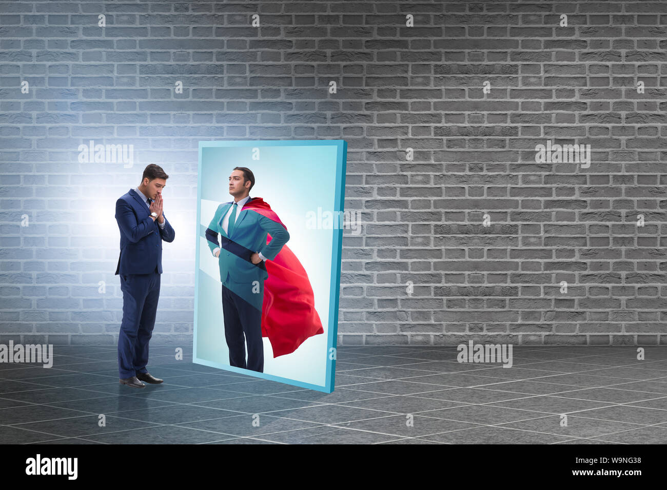 The businessman seeing himself in mirror as superhero Stock Photo - Alamy