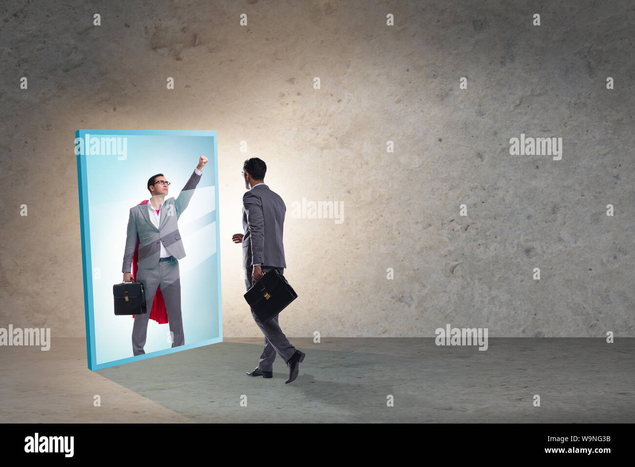 The businessman seeing himself in mirror as superhero Stock Photo - Alamy