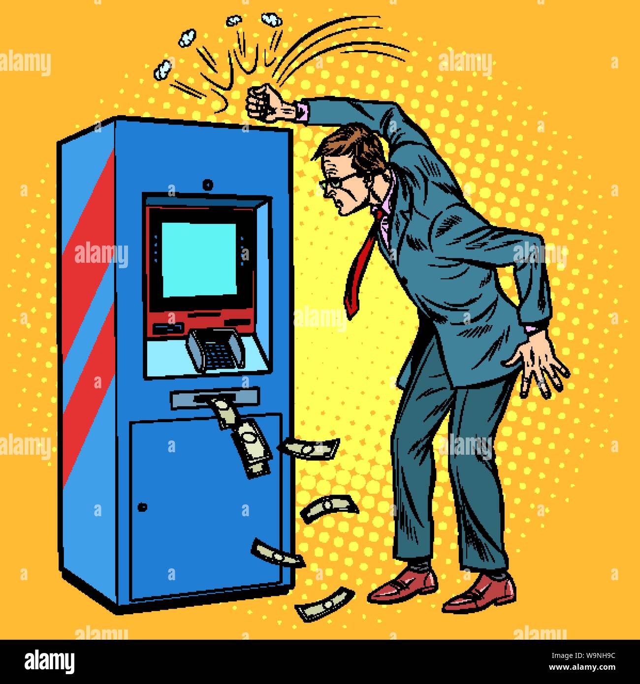 the damaged ATM and the angry man Stock Vector