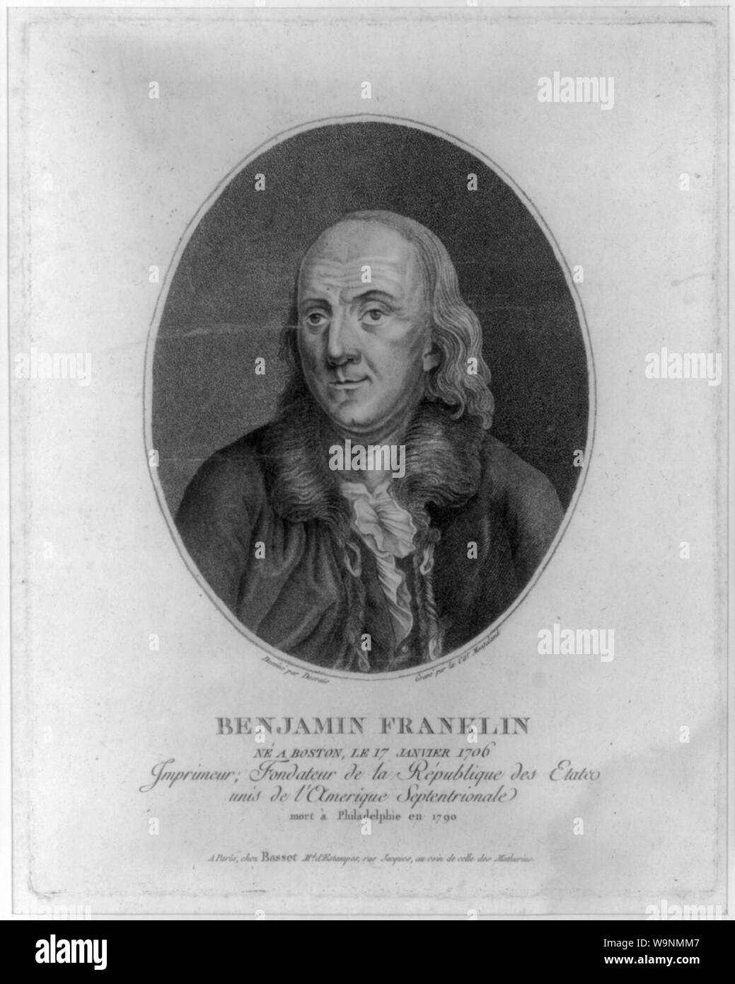 Benjamin Franklin - né a Boston, le 17 Janvier 1706 Abstract: Print shows Benjamin Franklin, head-and-shoulders portrait, facing slightly left, in oval. Stock Photo