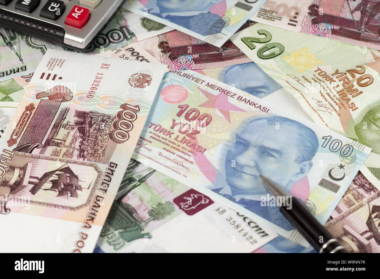 Two european currencies - Russian ruble and Turkish Lira Stock Photo ...