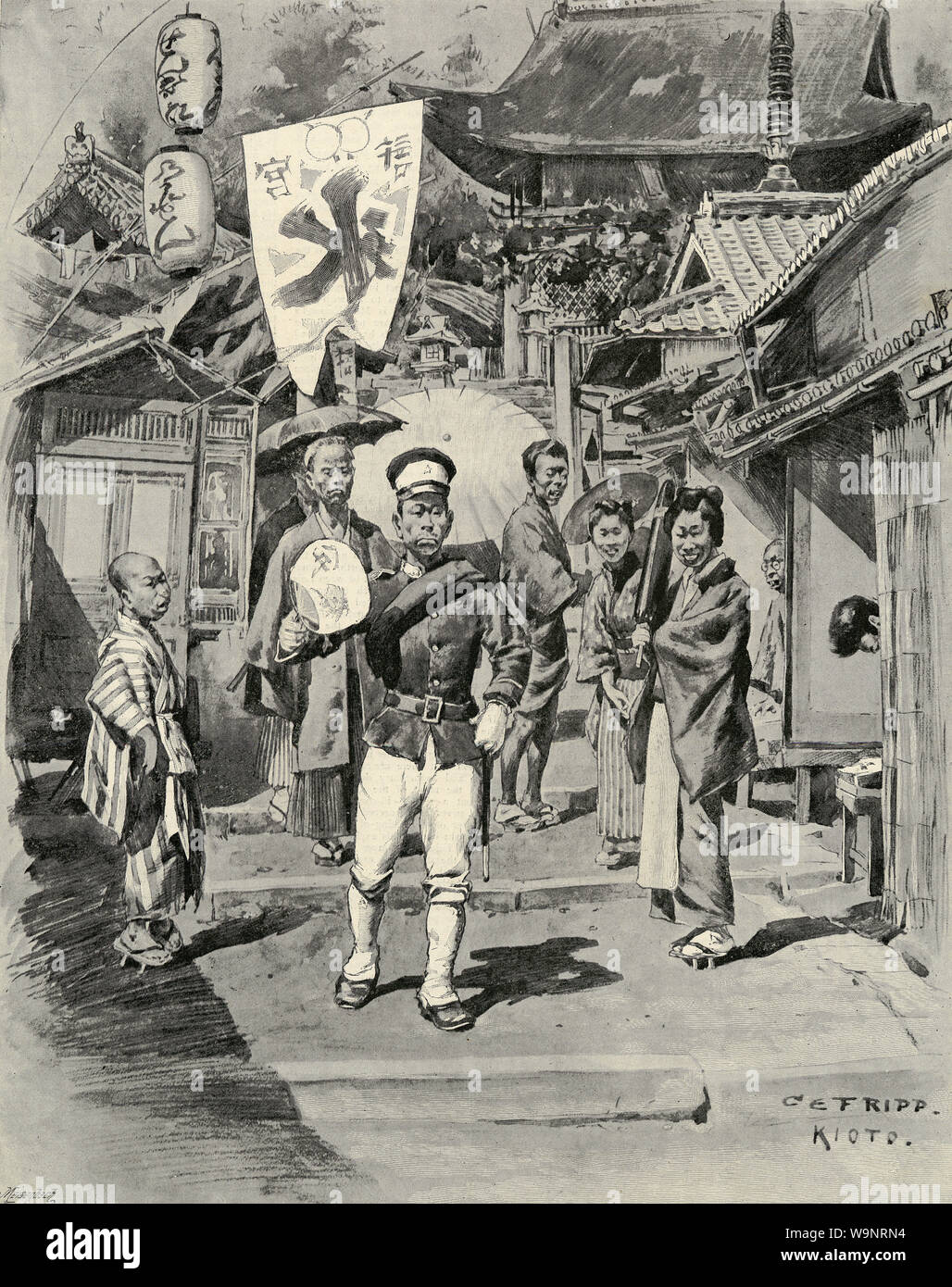 [ 1890s Japan - Sino–Japanese War (1894–1895) ] —   A Japanese soldier walks the streets of Kyoto during the First Sino-Japanese War (1894–1895).   Published in the British weekly illustrated newspaper The Graphic on November 30, 1895 (Meiji  28). Artwork by Canadian painter and illustrator Charles Edwin Fripp (1854-1906).  Original text: 'The sweets of victory: a street scene in Japan after the war.'  19th century vintage newspaper illustration. Stock Photo