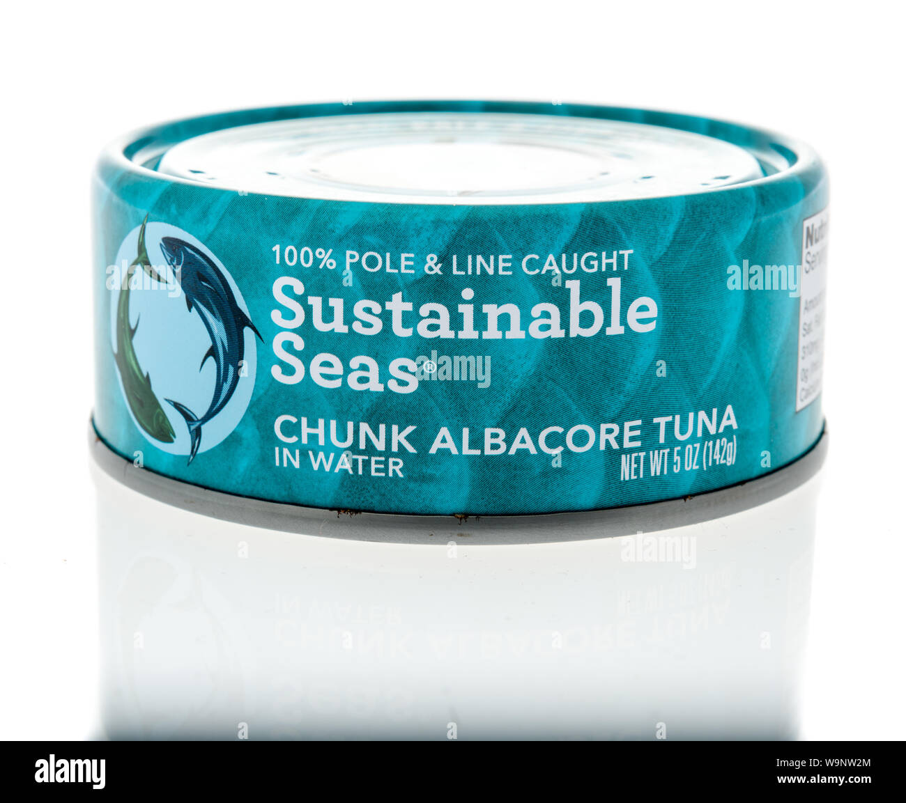 Winneconne, WI - 14 August 2019 : A package of Sustainable Seas albacore tuna on an isolated background Stock Photo