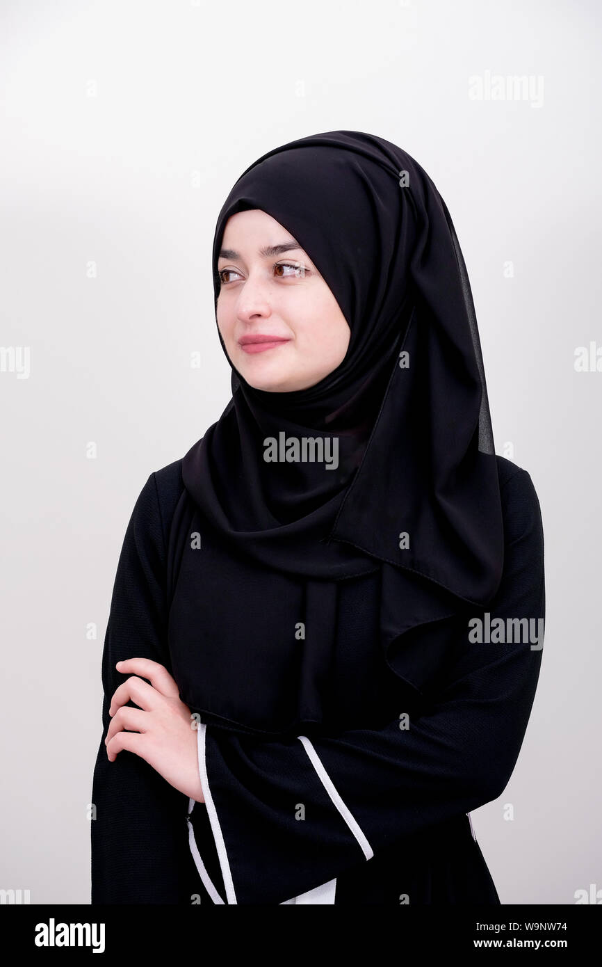 Portrait of muslim girl, muslim woman wear black scarf and dress, Islamic wear fashion concept photo Stock Photo