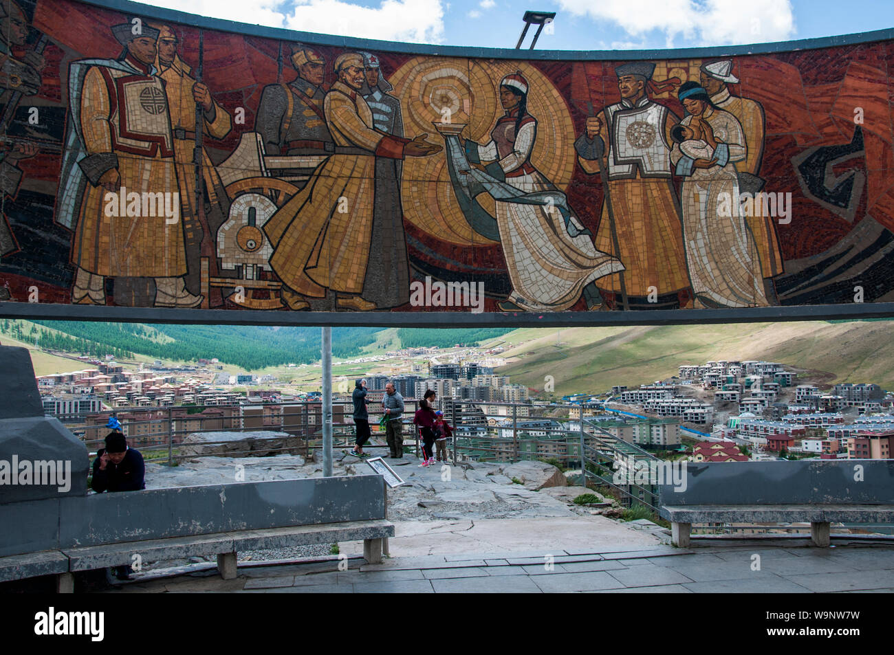 Heroic Soviet-era mural at the Zaisan Memorial, Ulaanbaatar, Mongolia Stock Photo