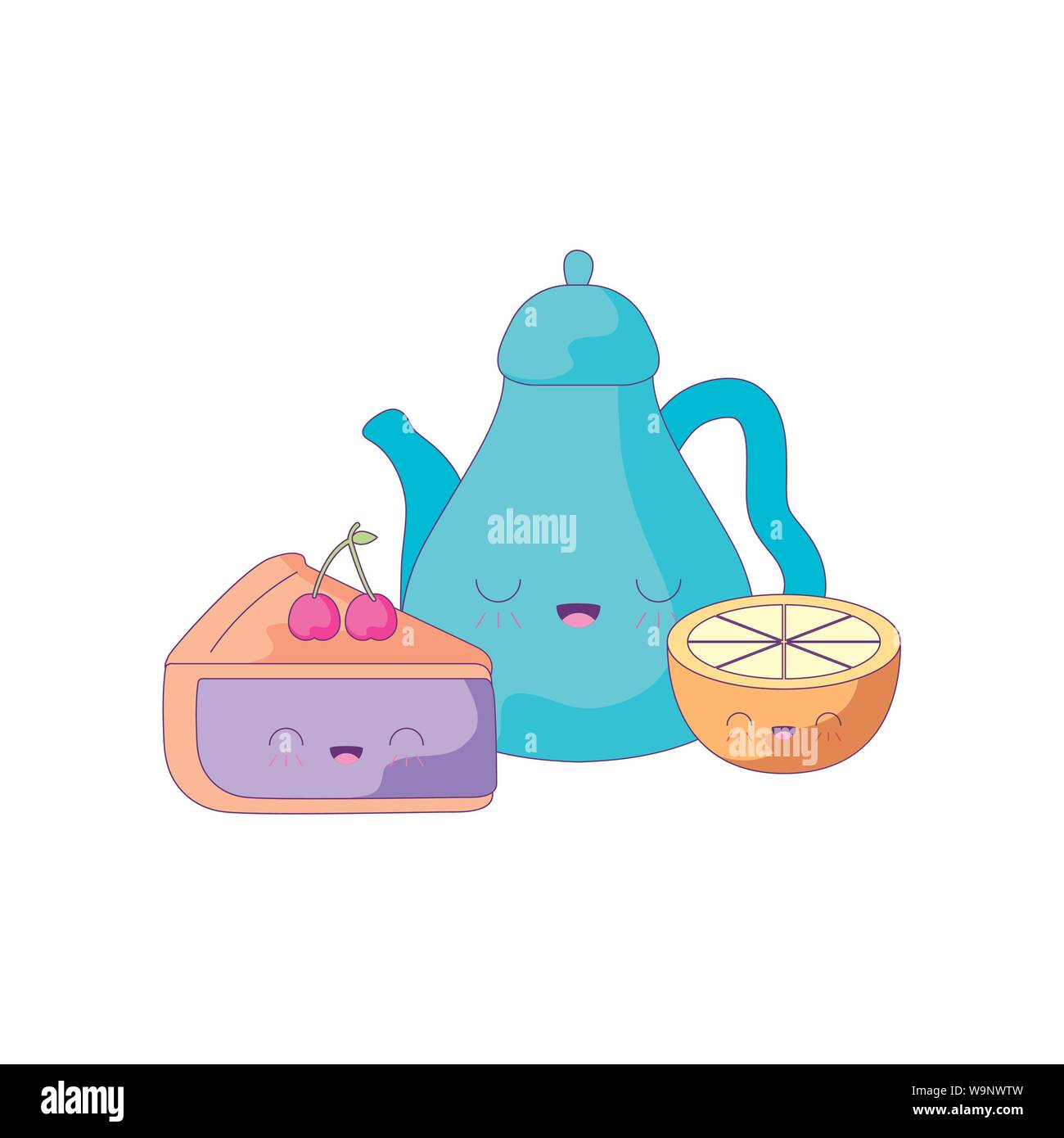 cute teapot with sliced cake and orange kawaii style vector