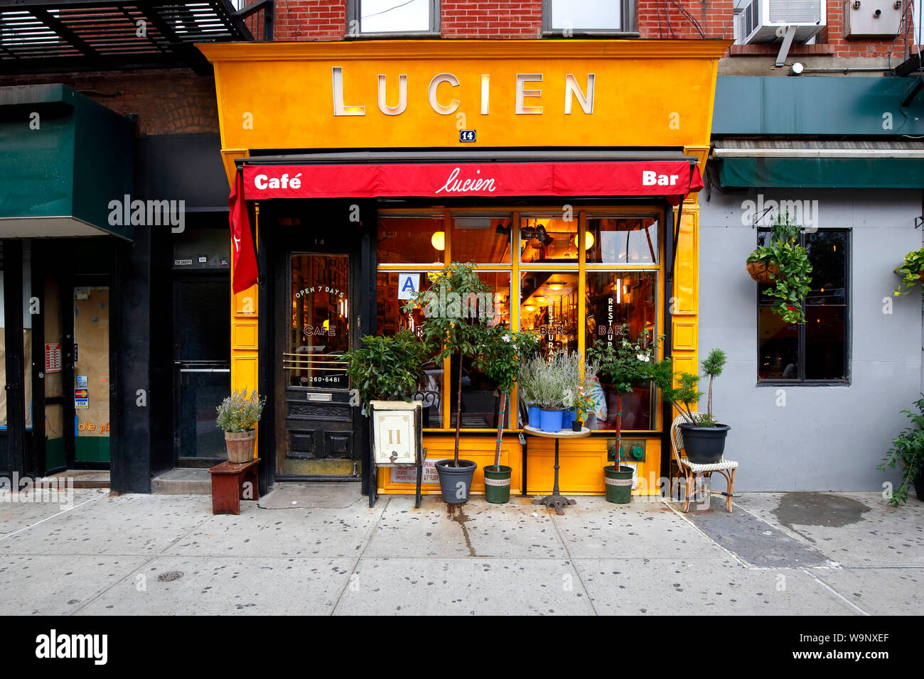 Lucien, 14 First Avenue, New York, NY. exterior storefront of a french brasserie in the East Village neighborhood of Manhattan. Stock Photo