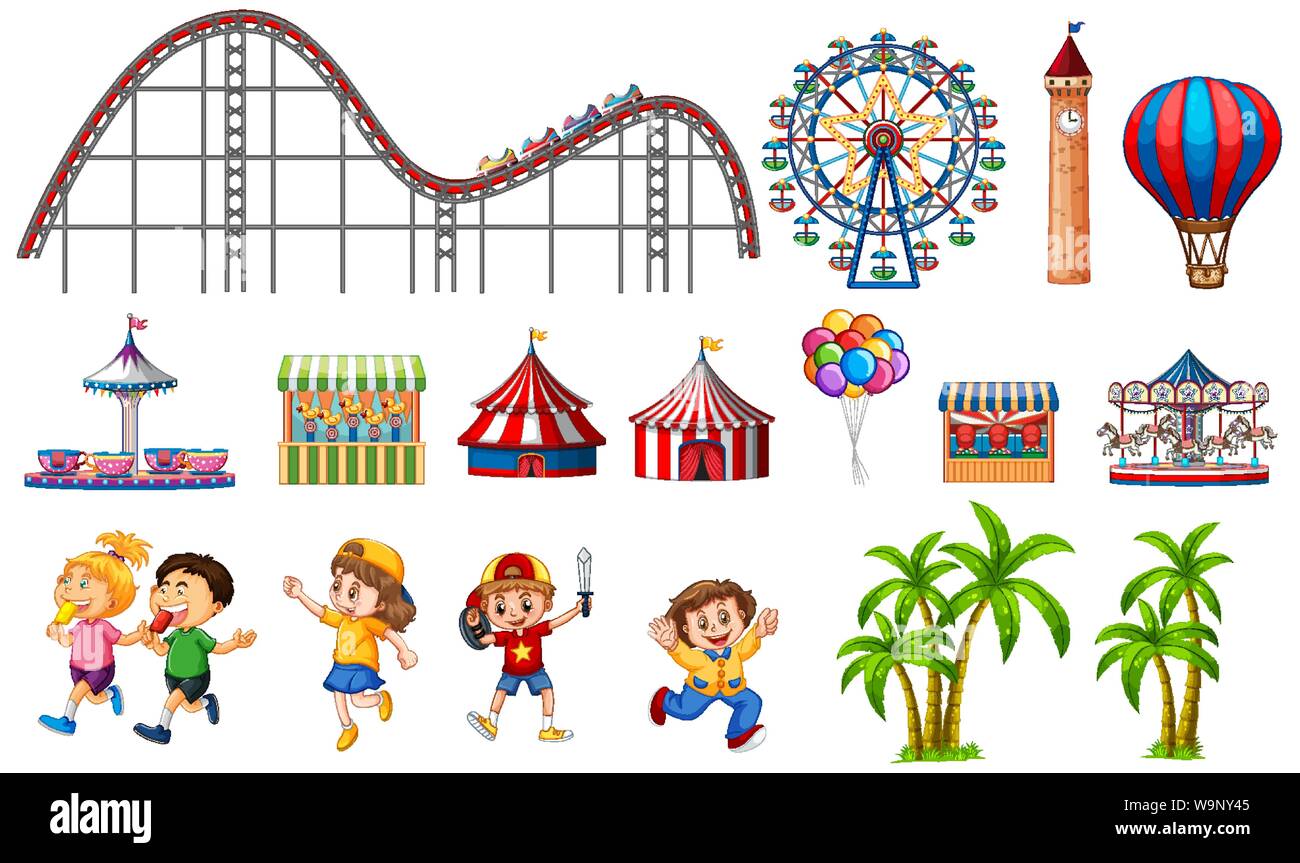 Isolated objects from circus theme with kids and rides illustration ...