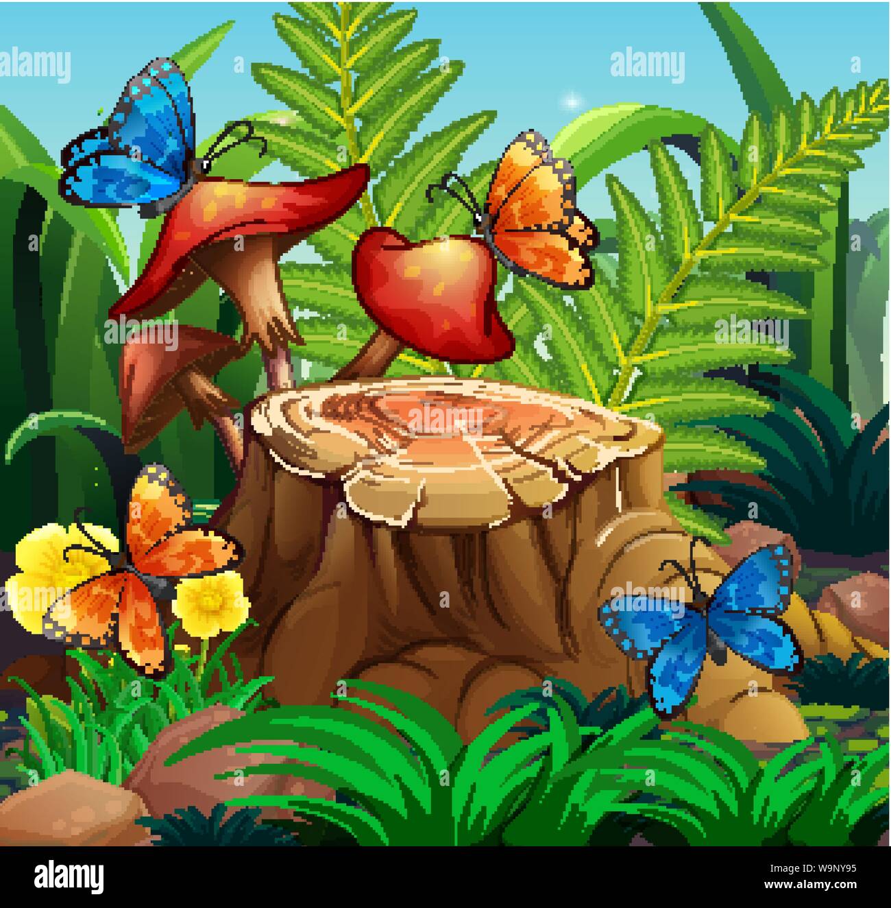 Nature scene with butterflies and mushroom illustration Stock Vector ...