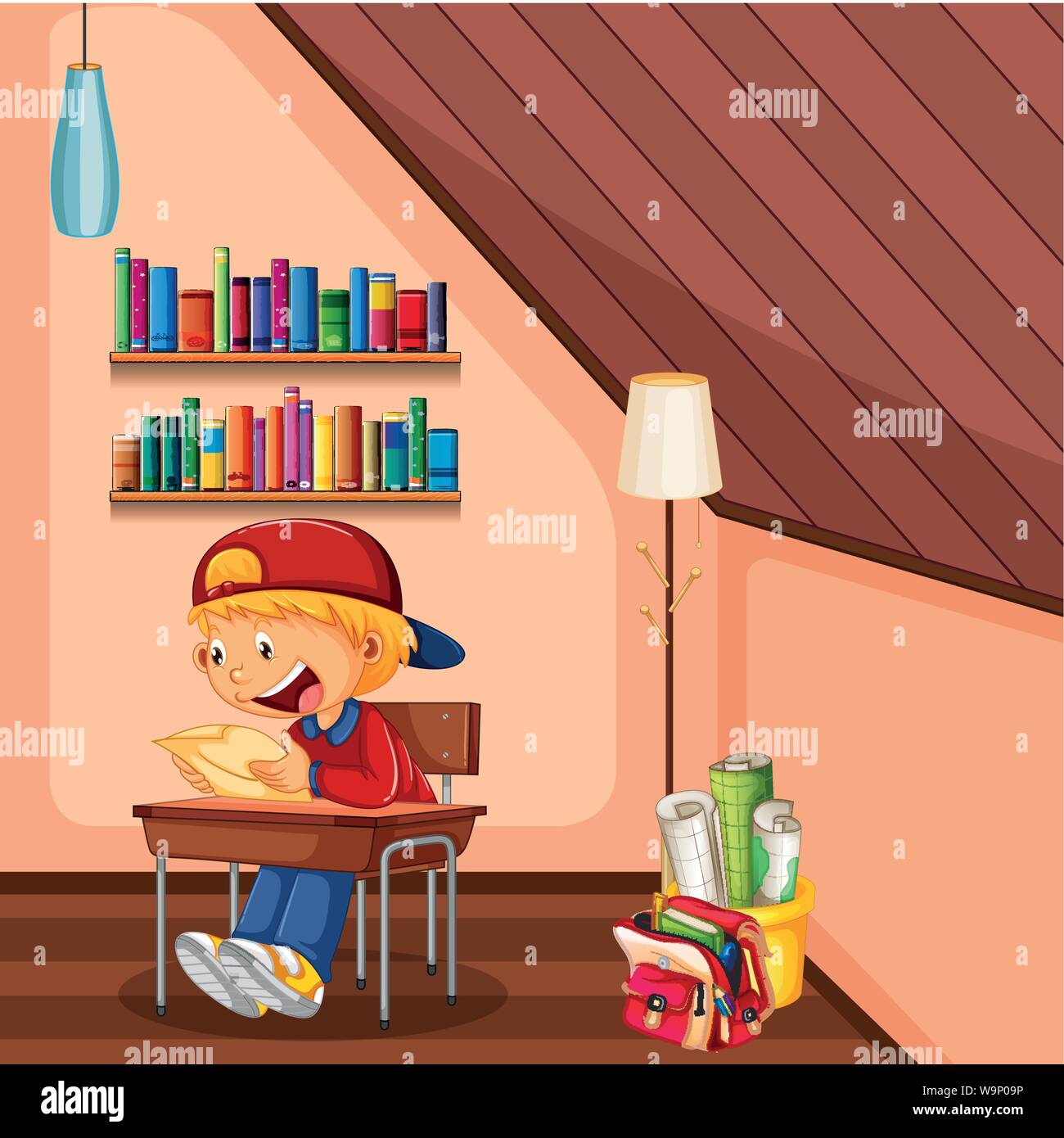 Kid doing homework in room with bag and books illustration Stock Vector