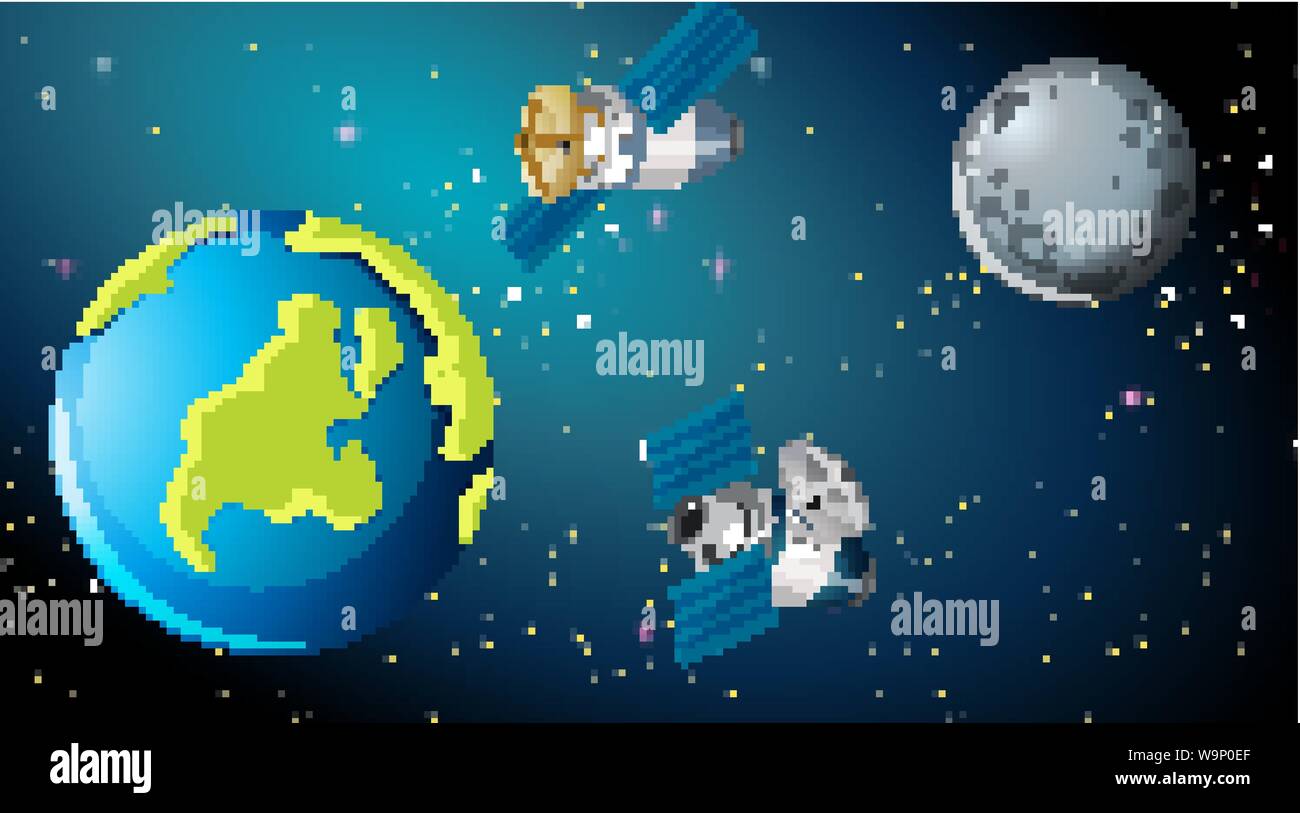 Satellites around earth scene illustration Stock Vector