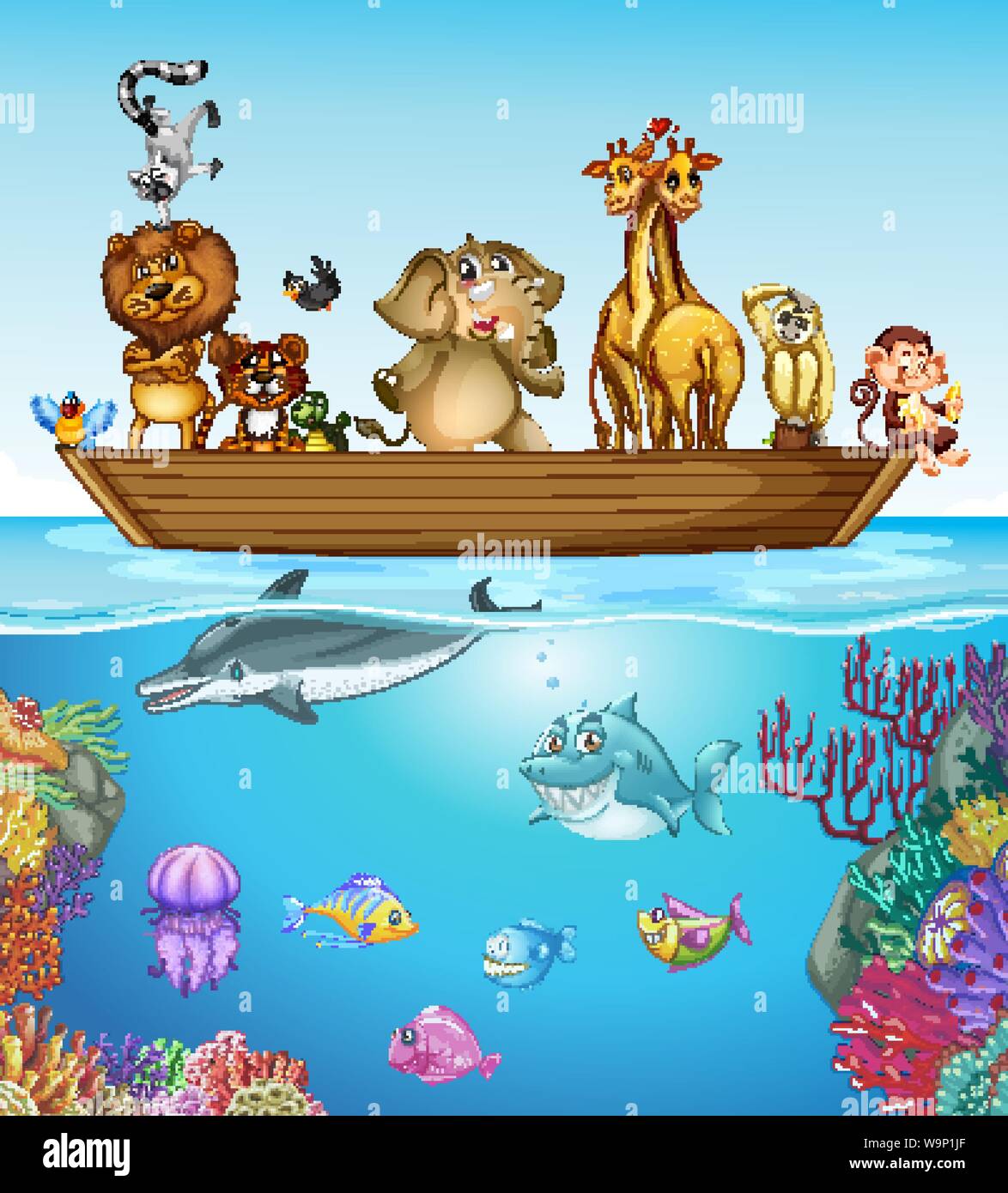 Many animals on the wooden boat illustration Stock Vector Image & Art