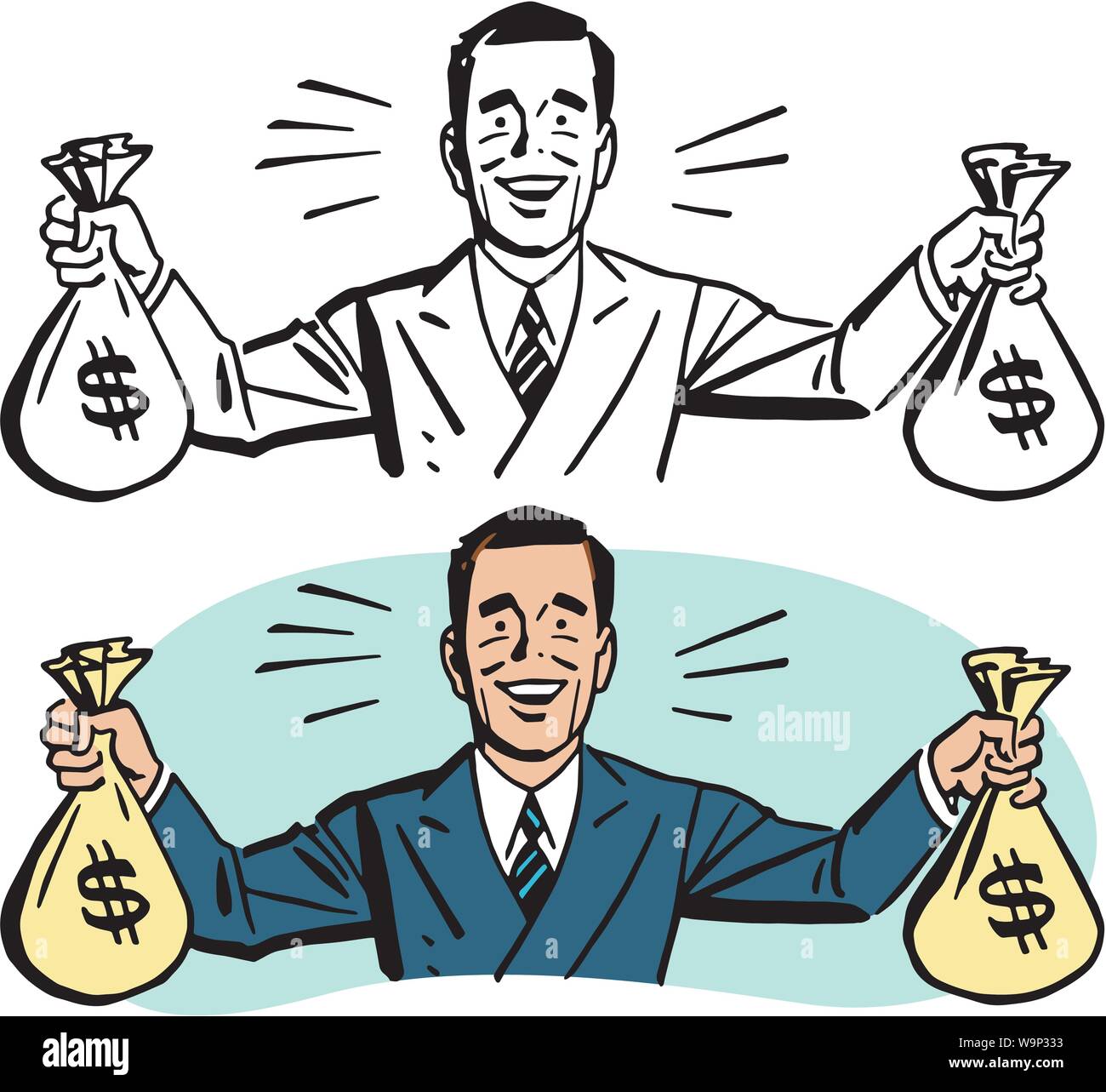 A smiling happy man holding up bags of money Stock Vector Image & Art ...