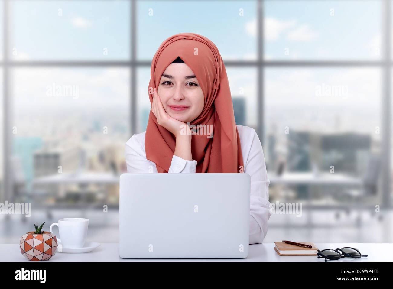 Hijab muslim woman work with computer, muslim girl sitting in office ...