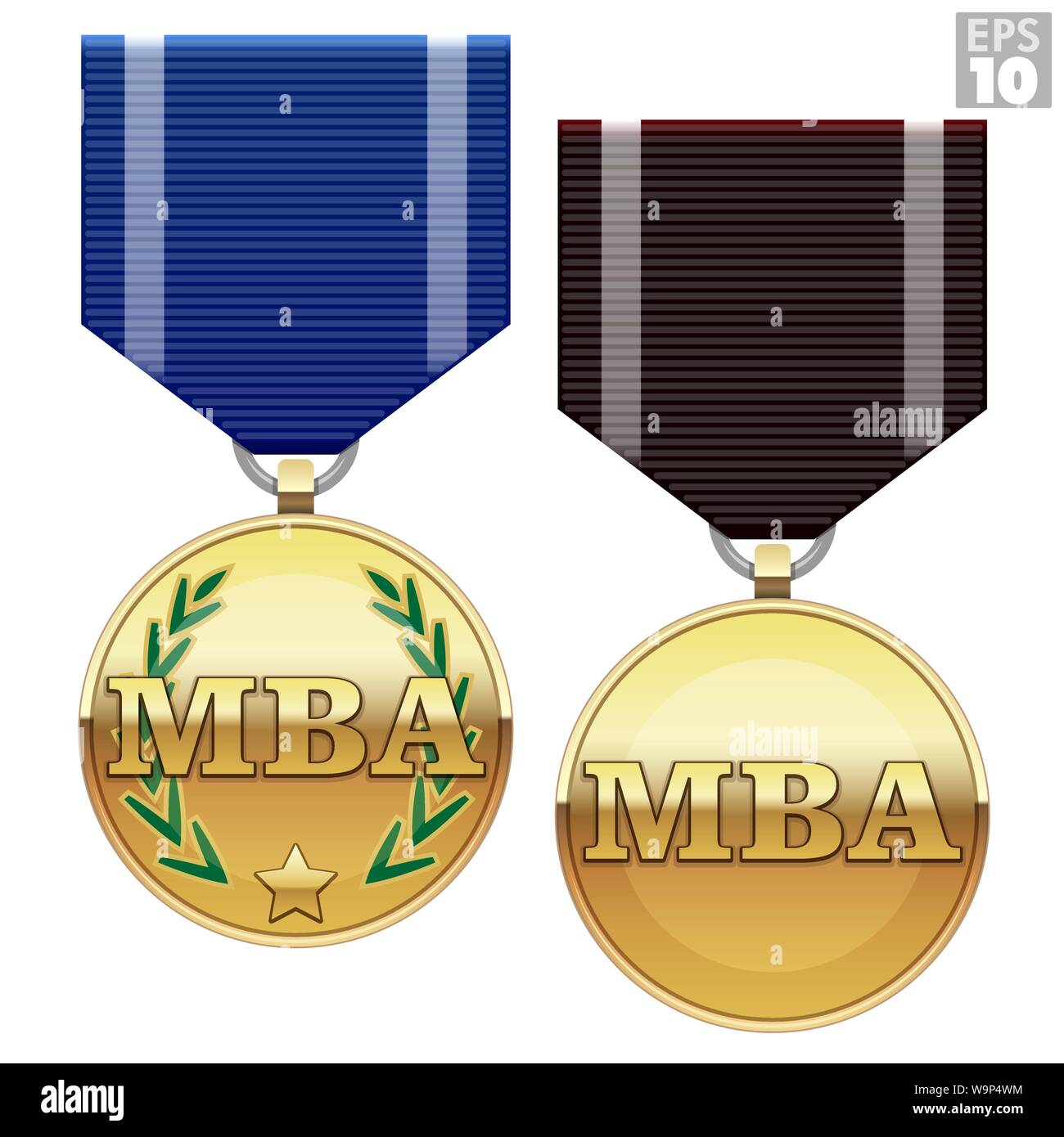 Gold medals of distinction with ribbon for academic achievement in MBA masters of business administration university degree. Stock Vector