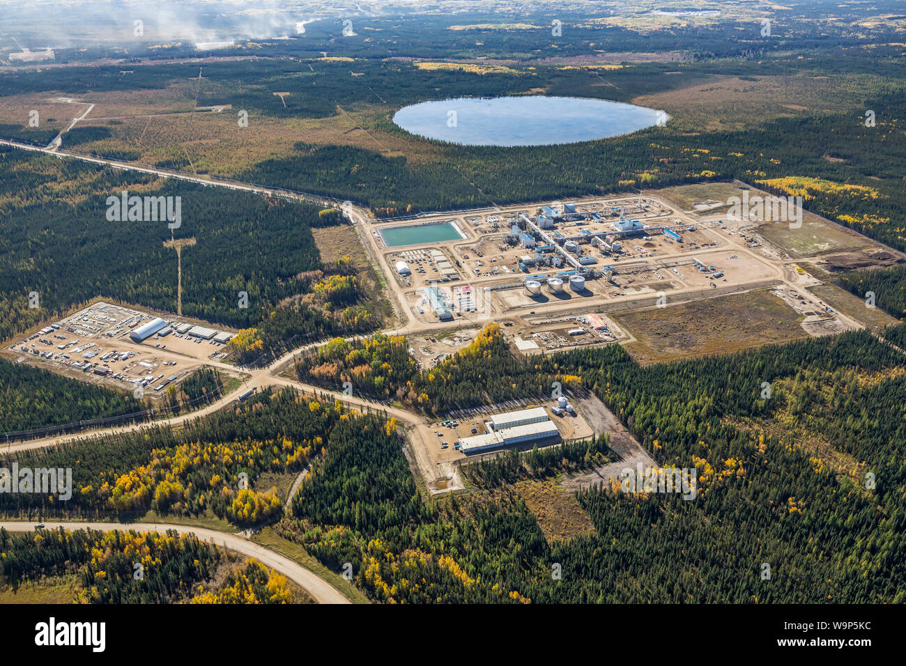 Aerial photo of Harvest Blackgold SAGD (Steam Assisted Gravity Drainage) oil sands operation nare Conklin, Alberta. Stock Photo