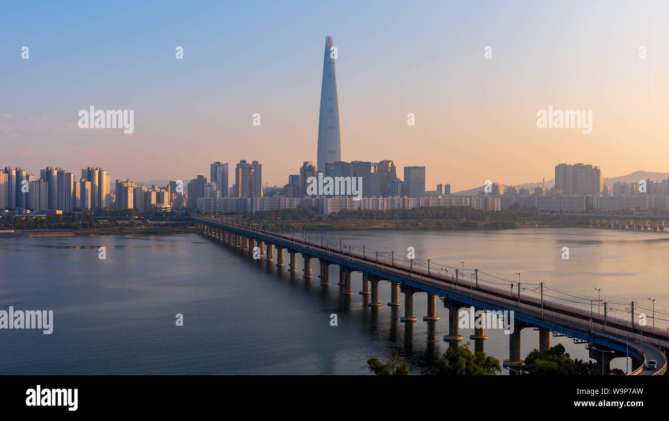 Sunset of Seoul Subway and Lotte Tower, South korea Stock Photo