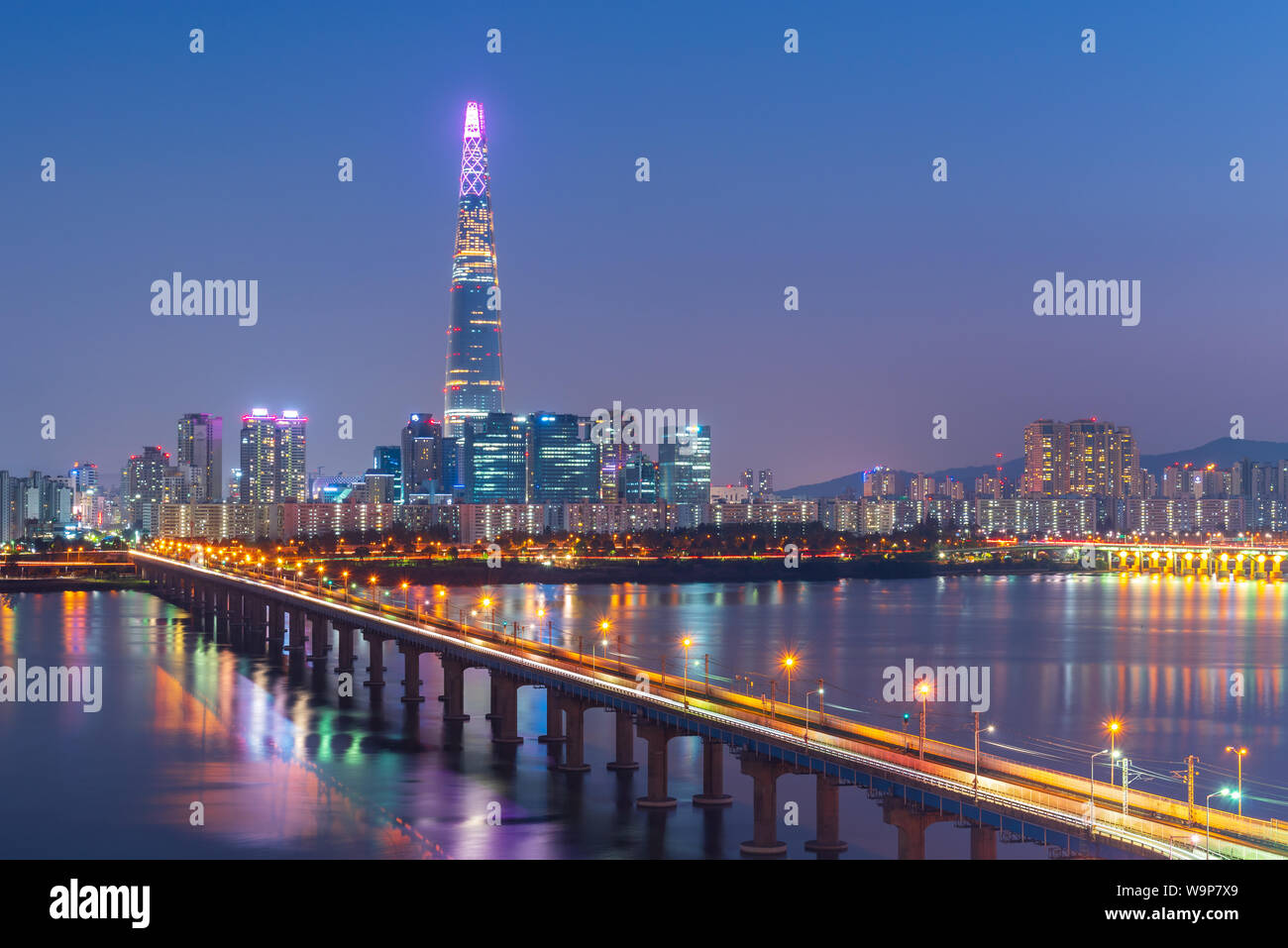 Seoul Subway and Lotte Tower at Night, South korea. Stock Photo